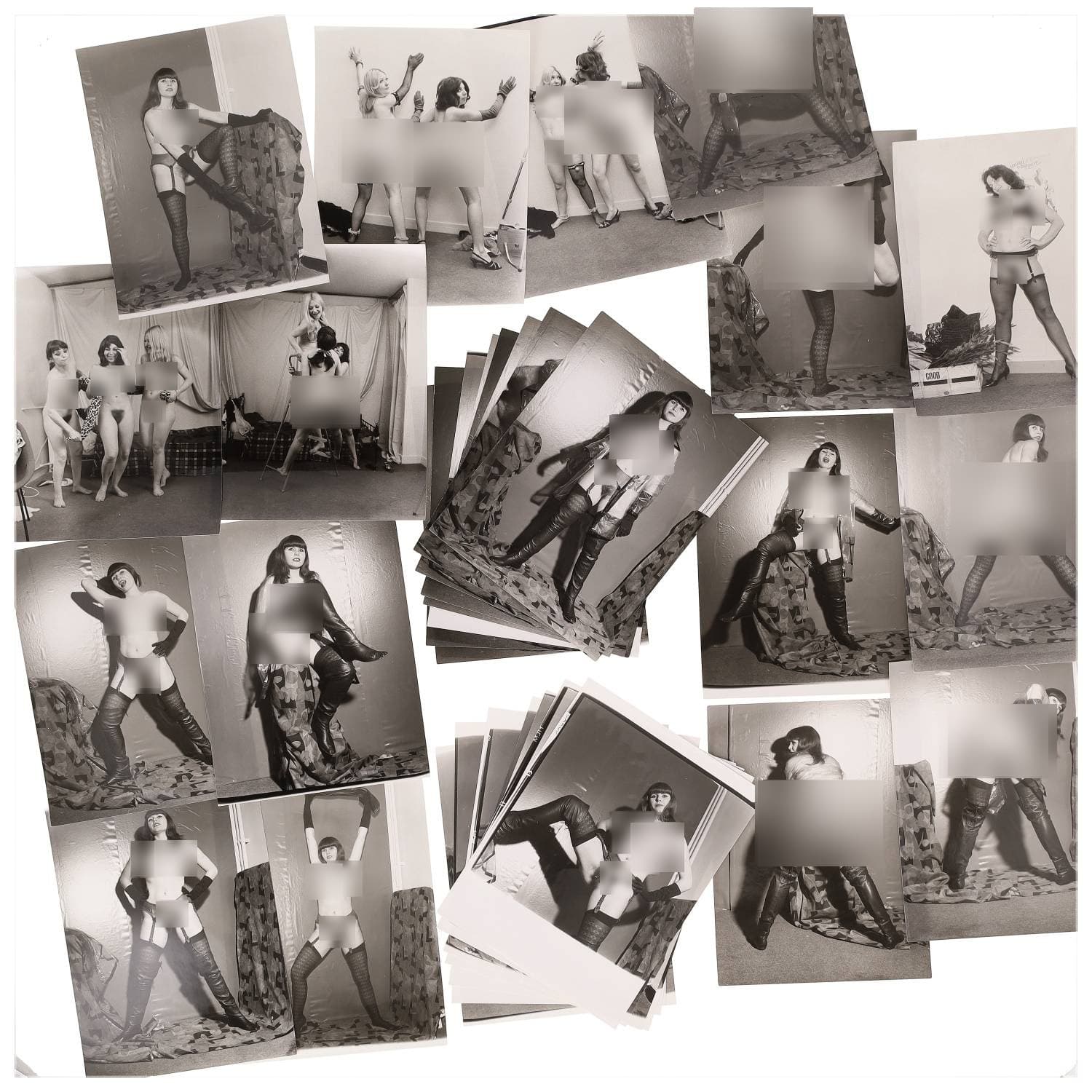 Erotica, étude de nu, photographies érotiques et divers. Circa 1950-70’s. Ensemble d’une trentaine de tirages argentiques. Exemples de sujets : femmes nues, dénudées, sexe féminin, fessier, poitrine, ‘Scandinaves’, etc. Sur certains versos, annotations. Divers états (dont gondolements, plis et traces) et formats entiers moyens environ 24 x 18 cm.
