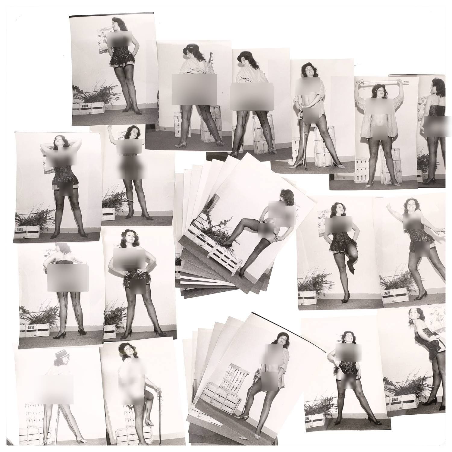Erotica, étude de nu, photographies érotiques et divers. Circa 1950-70’s. Ensemble d’une trentaine de tirages argentiques. Exemples de sujets : femmes nues, dénudées, sexe féminin, fessier, poitrine, ‘Scandinaves’, etc. Sur certains versos, annotations. Divers états (dont gondolements, plis et traces) et formats entiers moyens environ 24 x 18 cm.