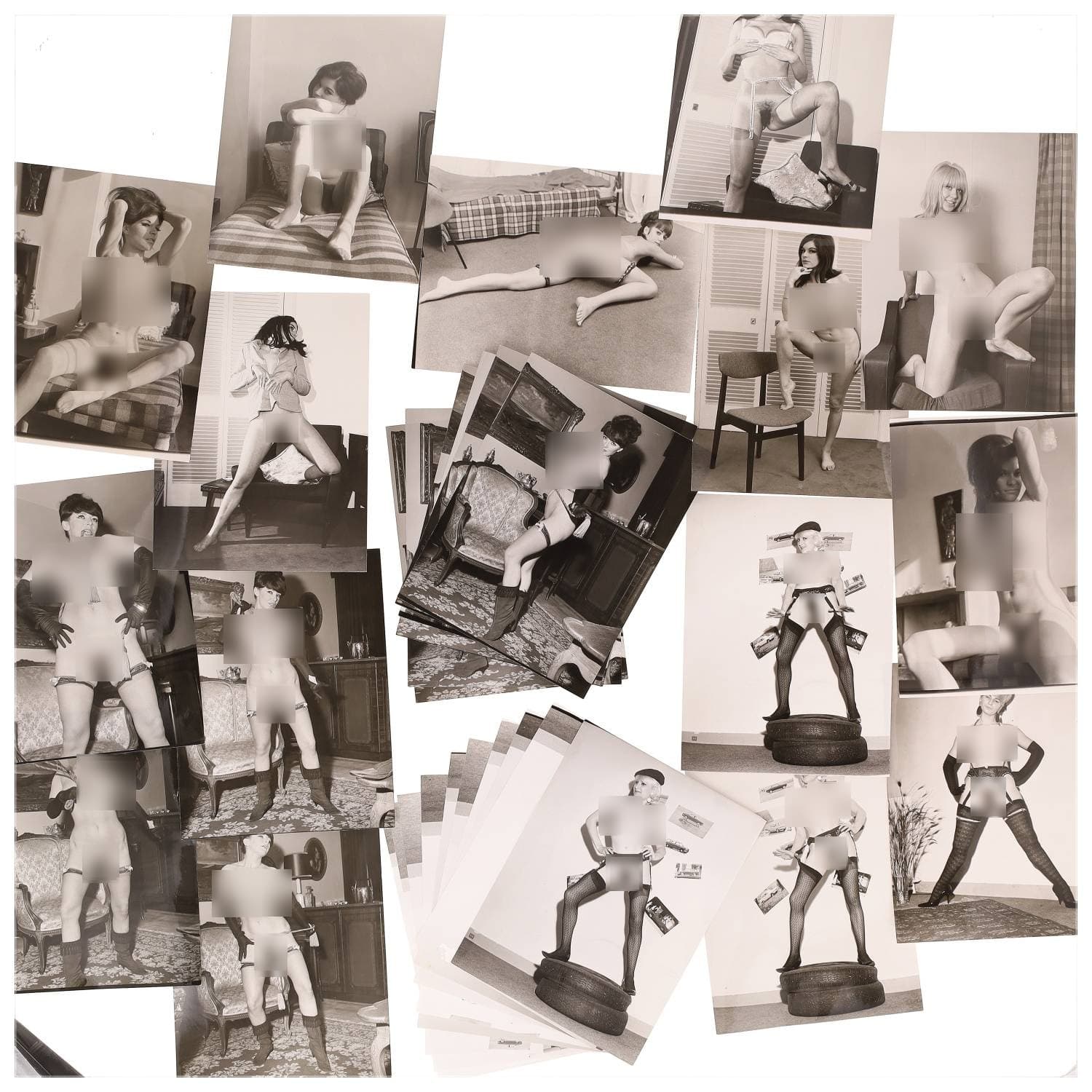 Erotica, étude de nu, photographies érotiques et divers. Circa 1950-70’s. Ensemble d’une trentaine de tirages argentiques. Exemples de sujets : femmes nues, dénudées, sexe féminin, fessier, poitrine, ‘Scandinaves’, etc. Sur certains versos, annotations. Divers états (dont gondolements, plis et traces) et formats entiers moyens environ 24 x 18 cm.