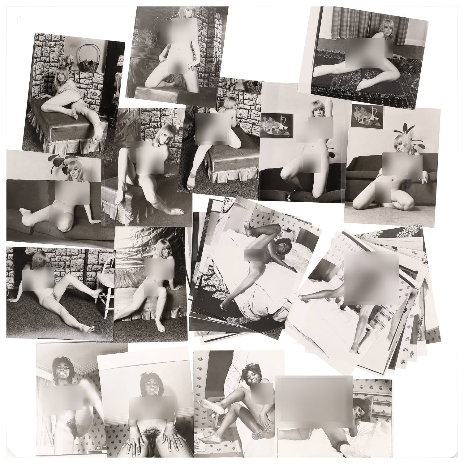 Erotica, étude de nu, photographies érotiques et divers. Circa 1950-70’s. Ensemble d’une trentaine de tirages argentiques. Exemples de sujets : femmes nues, dénudées, sexe féminin, fessier, poitrine, ‘Scandinaves’, etc. Sur certains versos, annotations. Divers états (dont gondolements, plis et traces) et formats entiers moyens environ 24 x 18 cm.