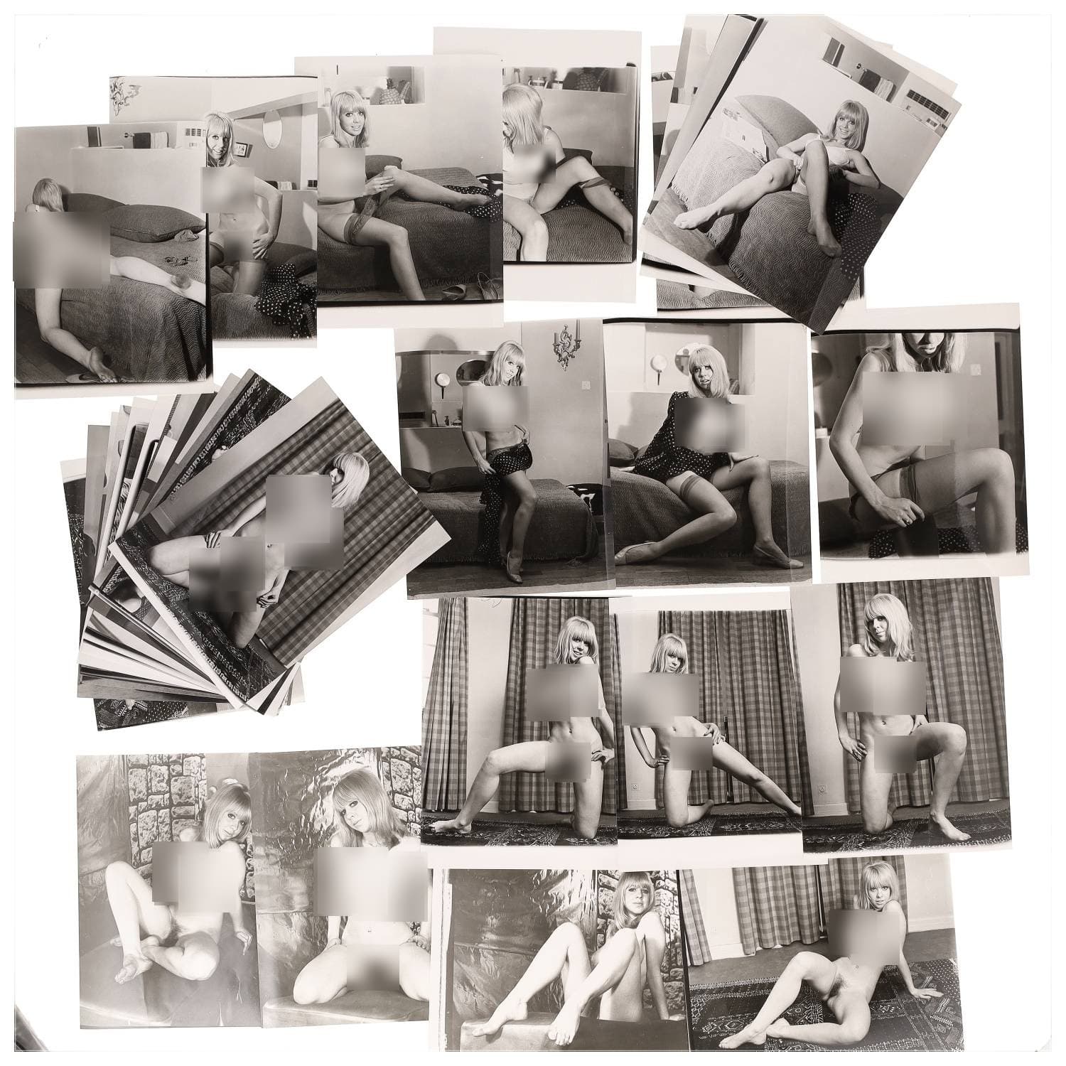 Erotica, étude de nu, photographies érotiques et divers. Circa 1950-70’s. Ensemble d’une trentaine de tirages argentiques. Exemples de sujets : femmes nues, dénudées, sexe féminin, fessier, poitrine, ‘Scandinaves’, etc. Sur certains versos, annotations. Divers états (dont gondolements, plis et traces) et formats entiers moyens environ 24 x 18 cm.