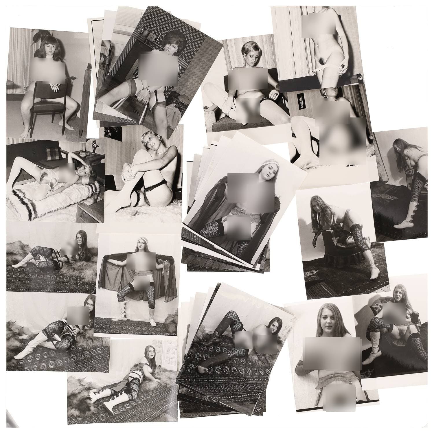 Erotica, étude de nu, photographies érotiques et divers. Circa 1950-70’s. Ensemble d’une trentaine de tirages argentiques. Exemples de sujets : femmes nues, dénudées, sexe féminin, fessier, poitrine, ‘Scandinaves’, etc. Sur certains versos, annotations. Divers états (dont gondolements, plis et traces) et formats entiers moyens environ 24 x 18 cm.
