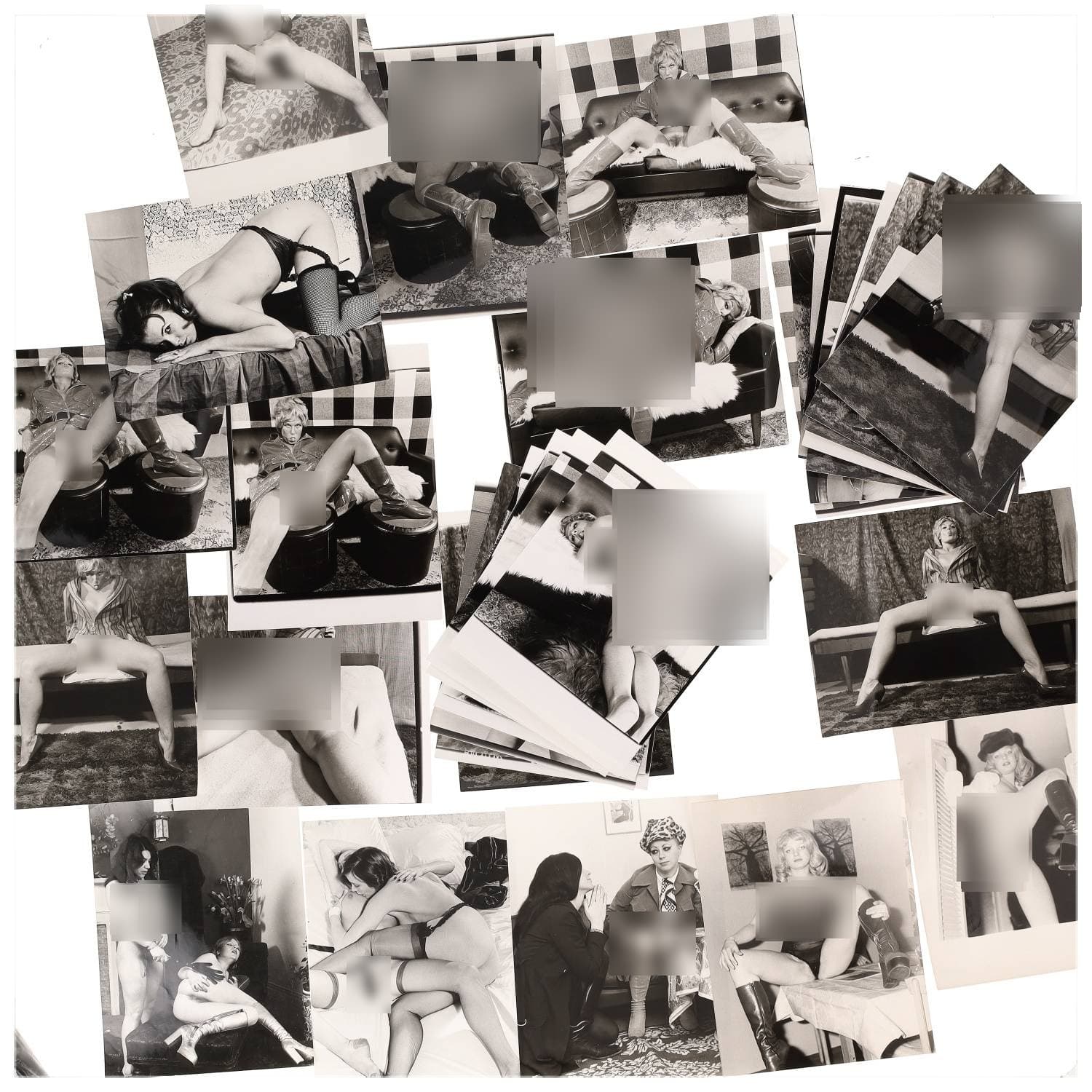 Erotica, étude de nu, photographies érotiques et divers. Circa 1950-70’s. Ensemble d’une trentaine de tirages argentiques. Exemples de sujets : femmes nues, dénudées, sexe féminin, fessier, poitrine, ‘Scandinaves’, etc. Sur certains versos, annotations. Divers états (dont gondolements, plis et traces) et formats entiers moyens environ 24 x 18 cm.