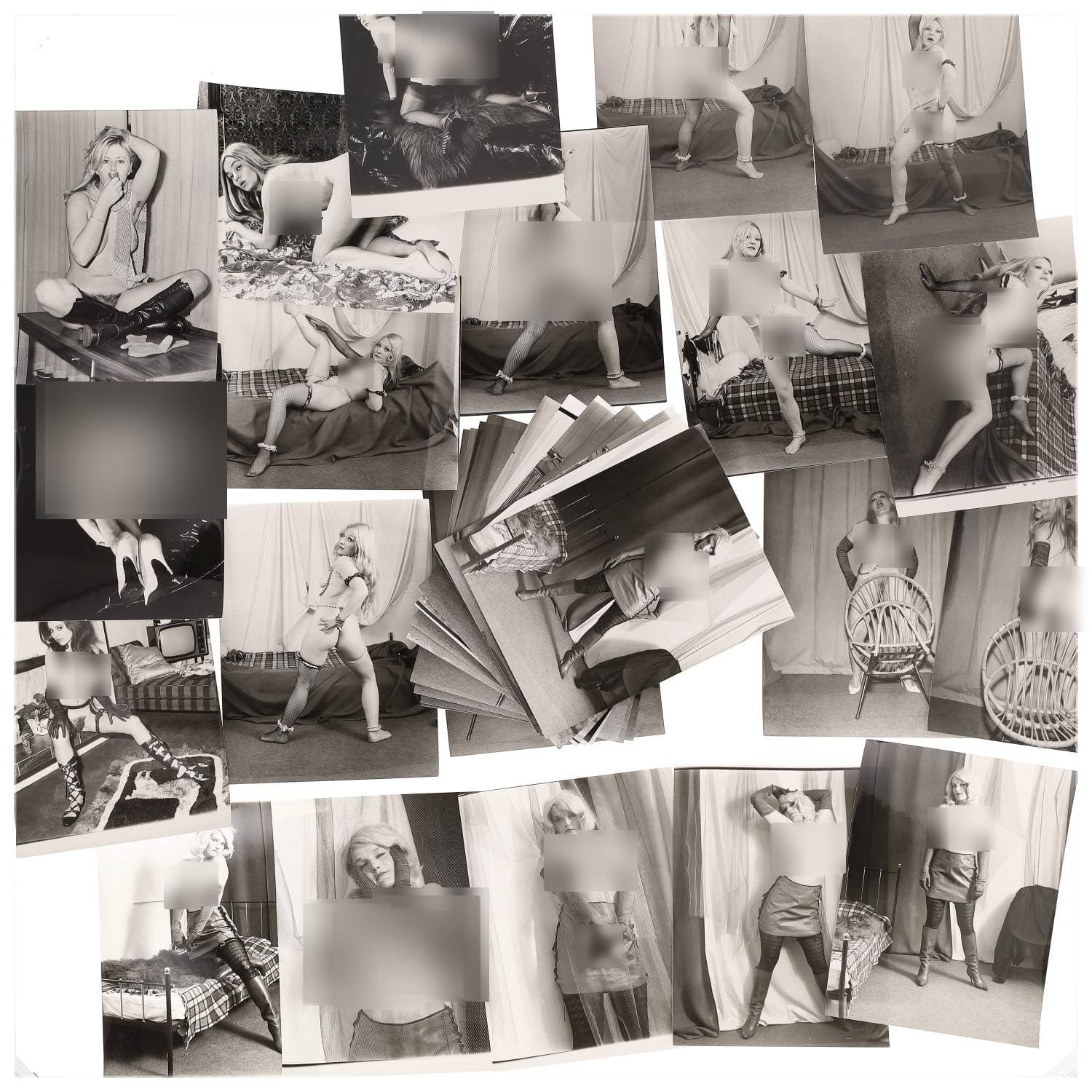 Erotica, étude de nu, photographies érotiques et divers. Circa 1950-70’s. Ensemble d’une trentaine de tirages argentiques. Exemples de sujets : femmes nues, dénudées, sexe féminin, fessier, poitrine, ‘Scandinaves’, etc. Sur certains versos, annotations. Divers états (dont gondolements, plis et traces) et formats entiers moyens environ 24 x 18 cm.