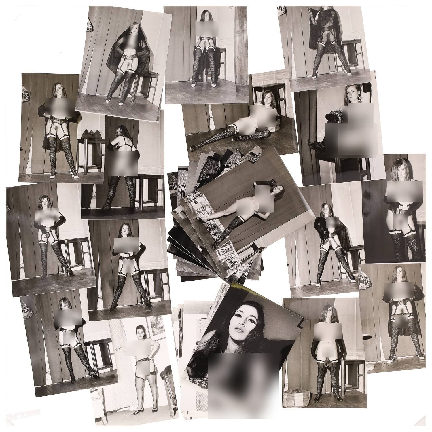 Erotica, étude de nu, photographies érotiques et divers. Circa 1950-70’s. Ensemble d’une trentaine de tirages argentiques. Exemples de sujets : femmes nues, dénudées, sexe féminin, fessier, poitrine, ‘Scandinaves’, etc. Sur certains versos, annotations. Divers états (dont gondolements, plis et traces) et formats entiers moyens environ 24 x 18 cm.