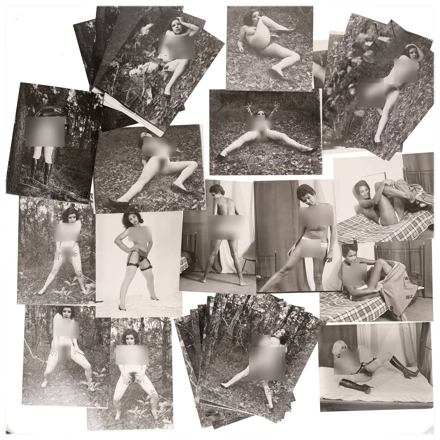 Erotica, étude de nu, photographies érotiques et divers. Circa 1950-70’s. Ensemble d’une trentaine de tirages argentiques. Exemples de sujets : femmes nues, dénudées, sexe féminin, fessier, poitrine, ‘Scandinaves’, etc. Sur certains versos, annotations. Divers états (dont gondolements, plis et traces) et formats entiers moyens environ 24 x 18 cm.