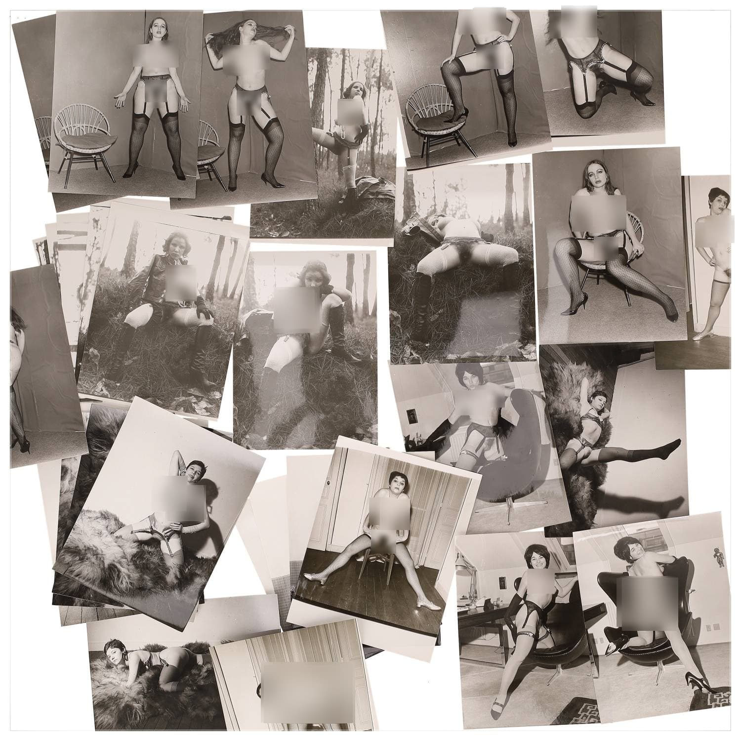 Erotica, étude de nu, photographies érotiques et divers. Circa 1950-70’s. Ensemble d’une trentaine de tirages argentiques. Exemples de sujets : femmes nues, dénudées, sexe féminin, fessier, poitrine, ‘Scandinaves’, etc. Sur certains versos, annotations. Divers états (dont gondolements, plis et traces) et formats entiers moyens environ 24 x 18 cm.