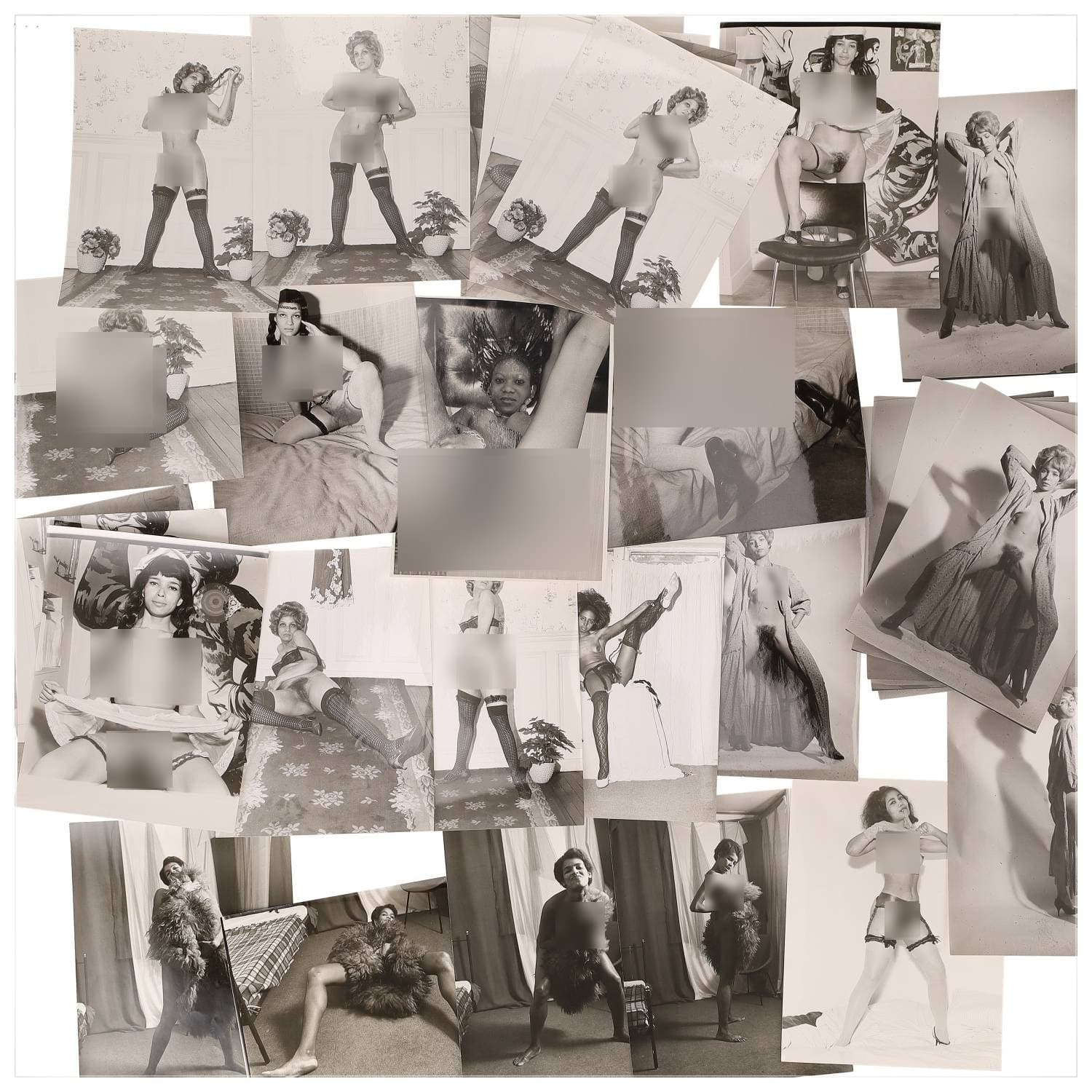 Erotica, étude de nu, photographies érotiques et divers. Circa 1950-70’s. Ensemble d’une trentaine de tirages argentiques. Exemples de sujets : femmes nues, dénudées, sexe féminin, fessier, poitrine, ‘Scandinaves’, etc. Sur certains versos, annotations. Divers états (dont gondolements, plis et traces) et formats entiers moyens environ 24 x 18 cm.