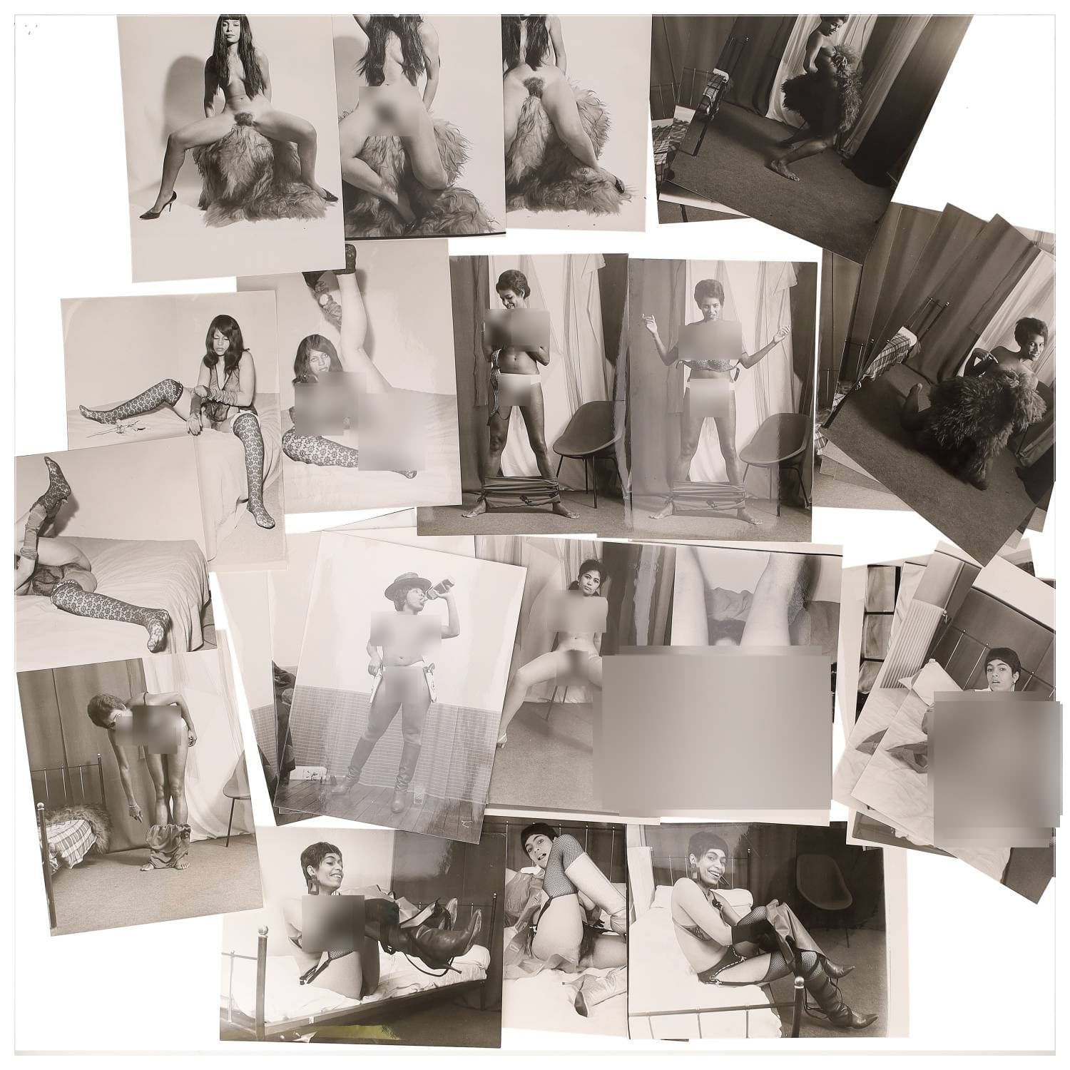 Erotica, étude de nu, photographies érotiques et divers. Circa 1950-70’s. Ensemble d’une trentaine de tirages argentiques. Exemples de sujets : femmes nues, dénudées, sexe féminin, fessier, poitrine, ‘Scandinaves’, etc. Sur certains versos, annotations. Divers états (dont gondolements, plis et traces) et formats entiers moyens environ 24 x 18 cm.