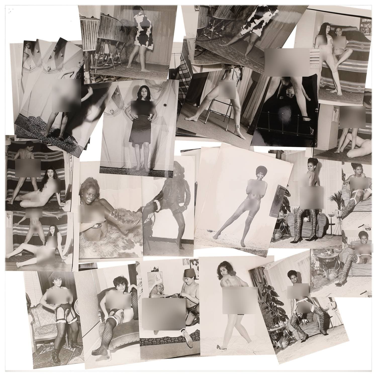 Erotica, étude de nu, photographies érotiques et divers. Circa 1950-70’s. Ensemble d’une trentaine de tirages argentiques. Exemples de sujets : femmes nues, dénudées, sexe féminin, fessier, poitrine, ‘Scandinaves’, etc. Sur certains versos, annotations. Divers états (dont gondolements, plis et traces) et formats entiers moyens environ 24 x 18 cm.