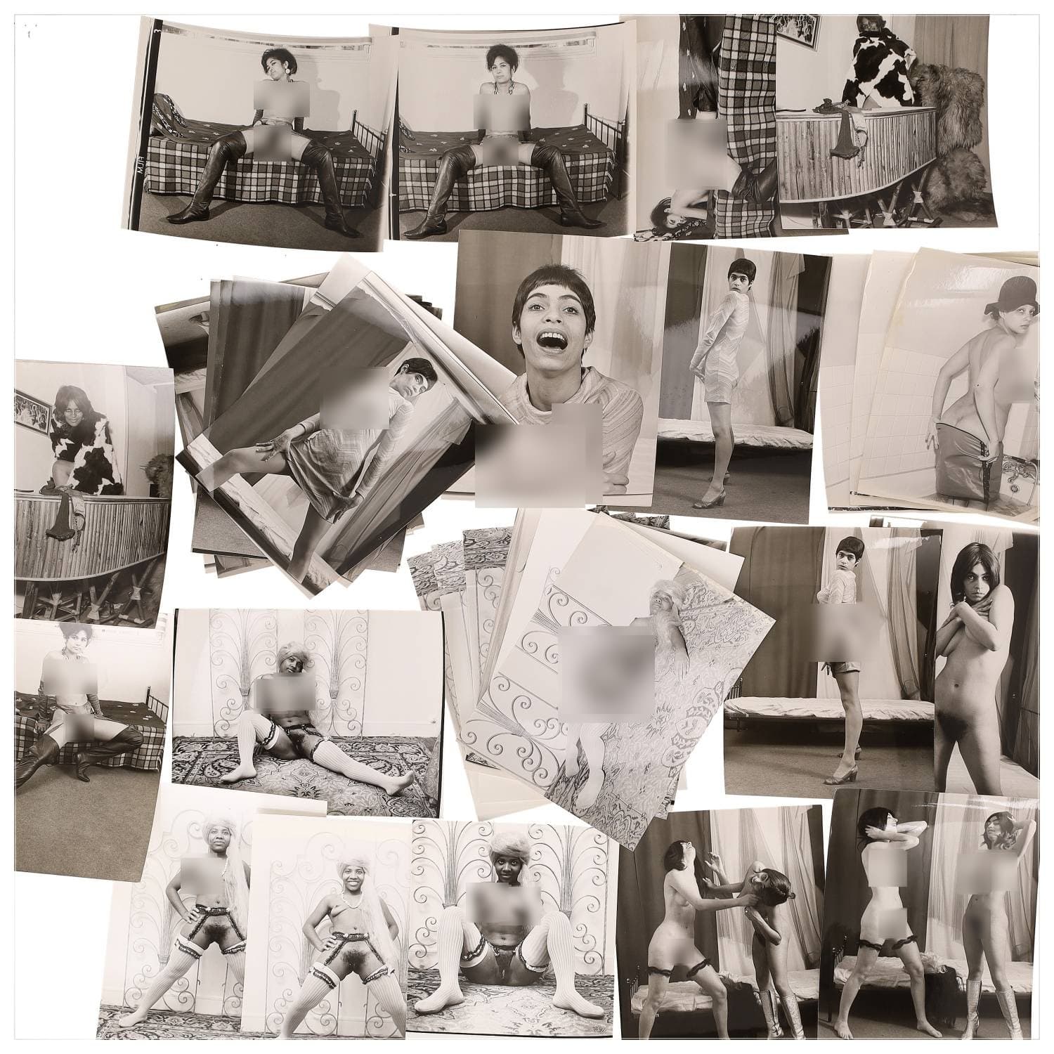 Erotica, étude de nu, photographies érotiques et divers. Circa 1950-70’s. Ensemble d’une trentaine de tirages argentiques. Exemples de sujets : femmes nues, dénudées, sexe féminin, fessier, poitrine, ‘Scandinaves’, etc. Sur certains versos, annotations. Divers états (dont gondolements, plis et traces) et formats entiers moyens environ 24 x 18 cm.