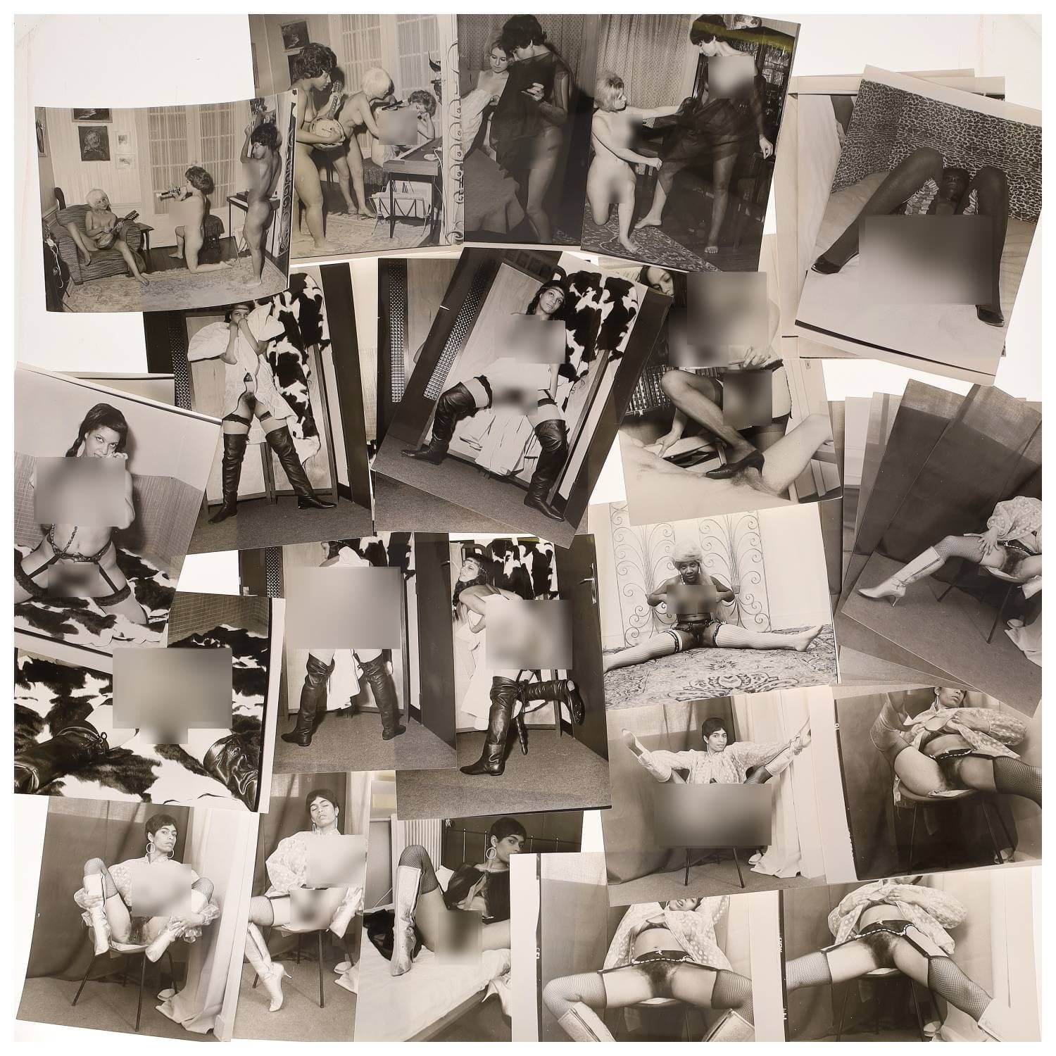 Erotica, étude de nu, photographies érotiques et divers. Circa 1950-70’s. Ensemble d’une trentaine de tirages argentiques. Exemples de sujets : femmes nues, dénudées, sexe féminin, fessier, poitrine, ‘Scandinaves’, etc. Sur certains versos, annotations. Divers états (dont gondolements, plis et traces) et formats entiers moyens environ 24 x 18 cm.