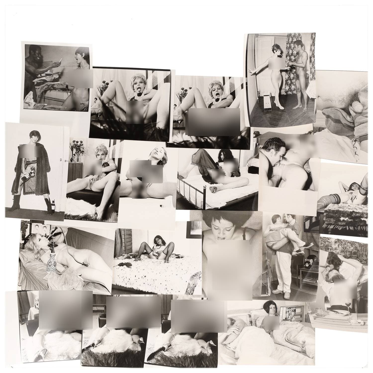Erotica, étude de nu, photographies érotiques et pornographiques, hommes et femmes nus, actes sexuels hétérosexuels, objets sexuels, préliminaires, macrophotographies et divers. Circa 1950-70’s. Ensemble d’une vingtaine de tirages argentiques. Sur certains versos, annotations. Divers états (dont gondolements ou encore traces). Formats entiers moyens environ 24 x 18 cm.