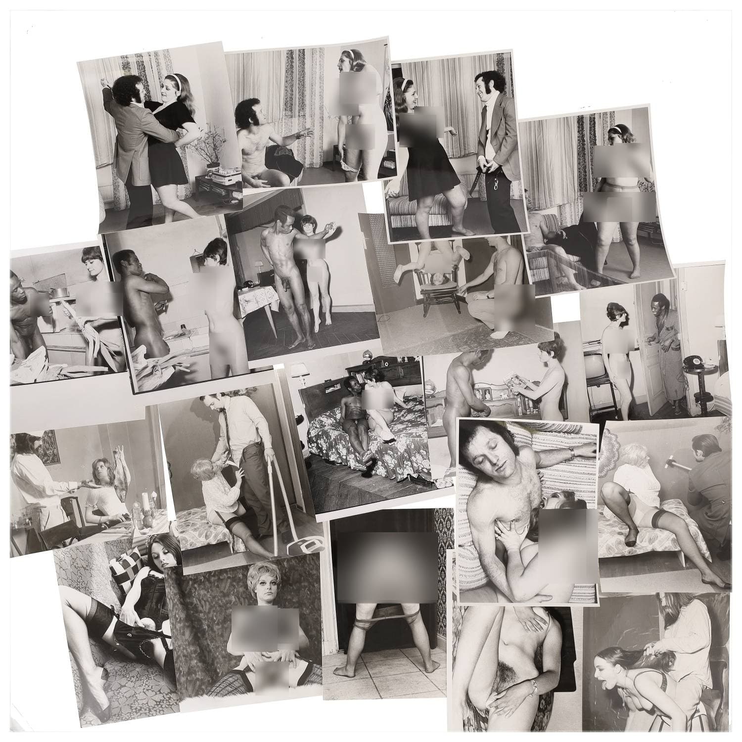 Erotica, étude de nu, photographies érotiques et pornographiques, hommes et femmes nus, actes sexuels hétérosexuels, objets sexuels, préliminaires, macrophotographies et divers. Circa 1950-70’s. Ensemble d’une vingtaine de tirages argentiques. Sur certains versos, annotations. Divers états (dont gondolements ou encore traces). Formats entiers moyens environ 24 x 18 cm.