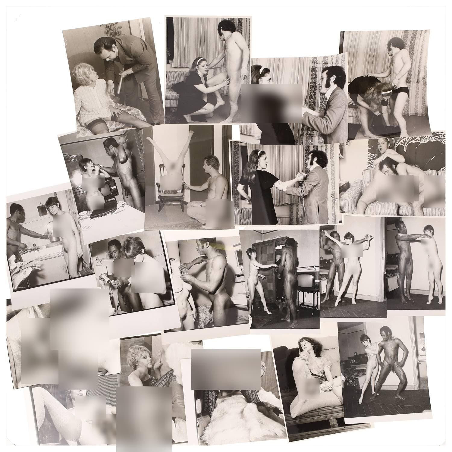 Erotica, étude de nu, photographies érotiques et pornographiques, hommes et femmes nus, actes sexuels hétérosexuels, objets sexuels, préliminaires, macrophotographies et divers. Circa 1950-70’s. Ensemble d’une vingtaine de tirages argentiques. Sur certains versos, annotations. Divers états (dont gondolements ou encore traces). Formats entiers moyens environ 24 x 18 cm.