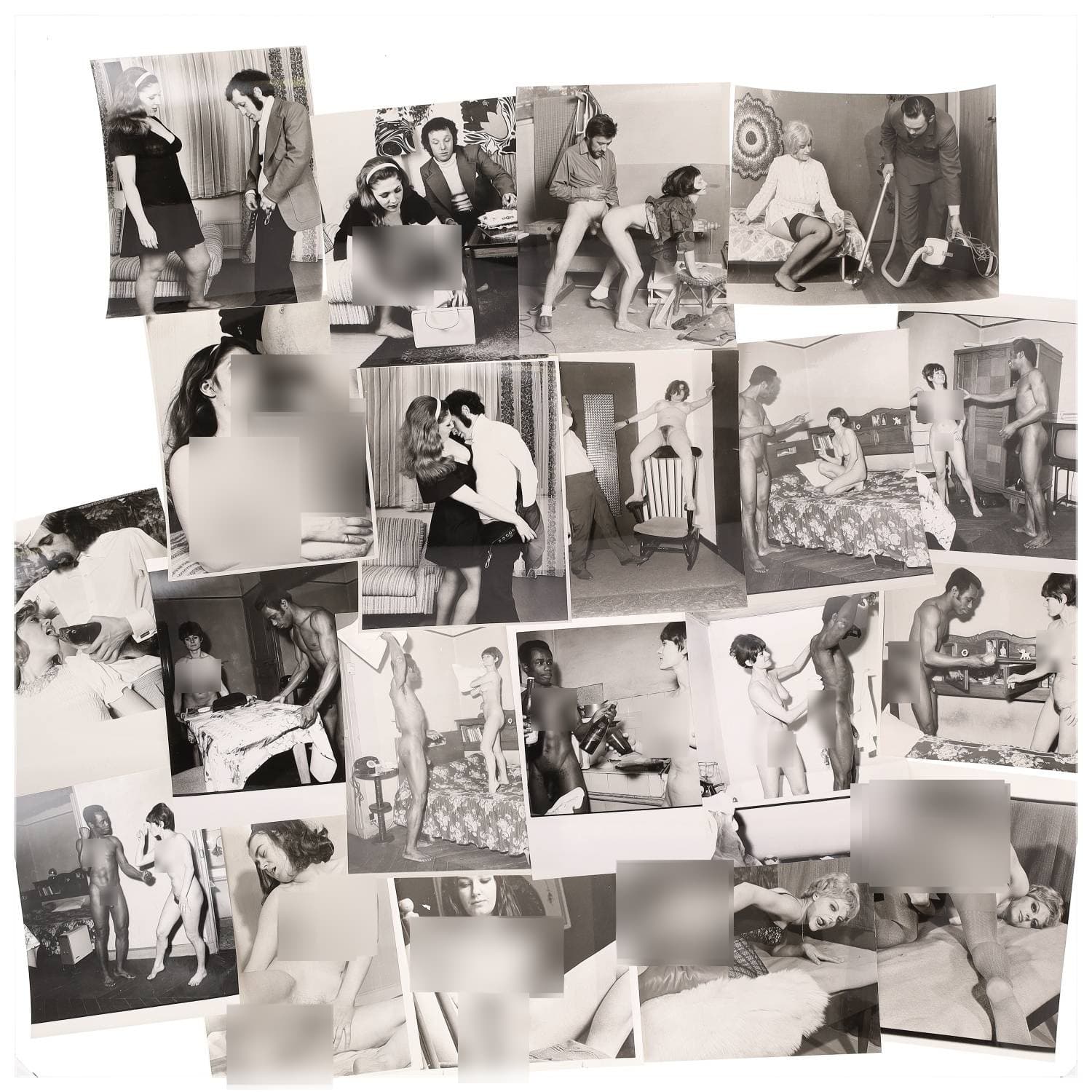Erotica, étude de nu, photographies érotiques et pornographiques, hommes et femmes nus, actes sexuels hétérosexuels, objets sexuels, préliminaires, macrophotographies et divers. Circa 1950-70’s. Ensemble d’une vingtaine de tirages argentiques. Sur certains versos, annotations. Divers états (dont gondolements ou encore traces). Formats entiers moyens environ 24 x 18 cm.
