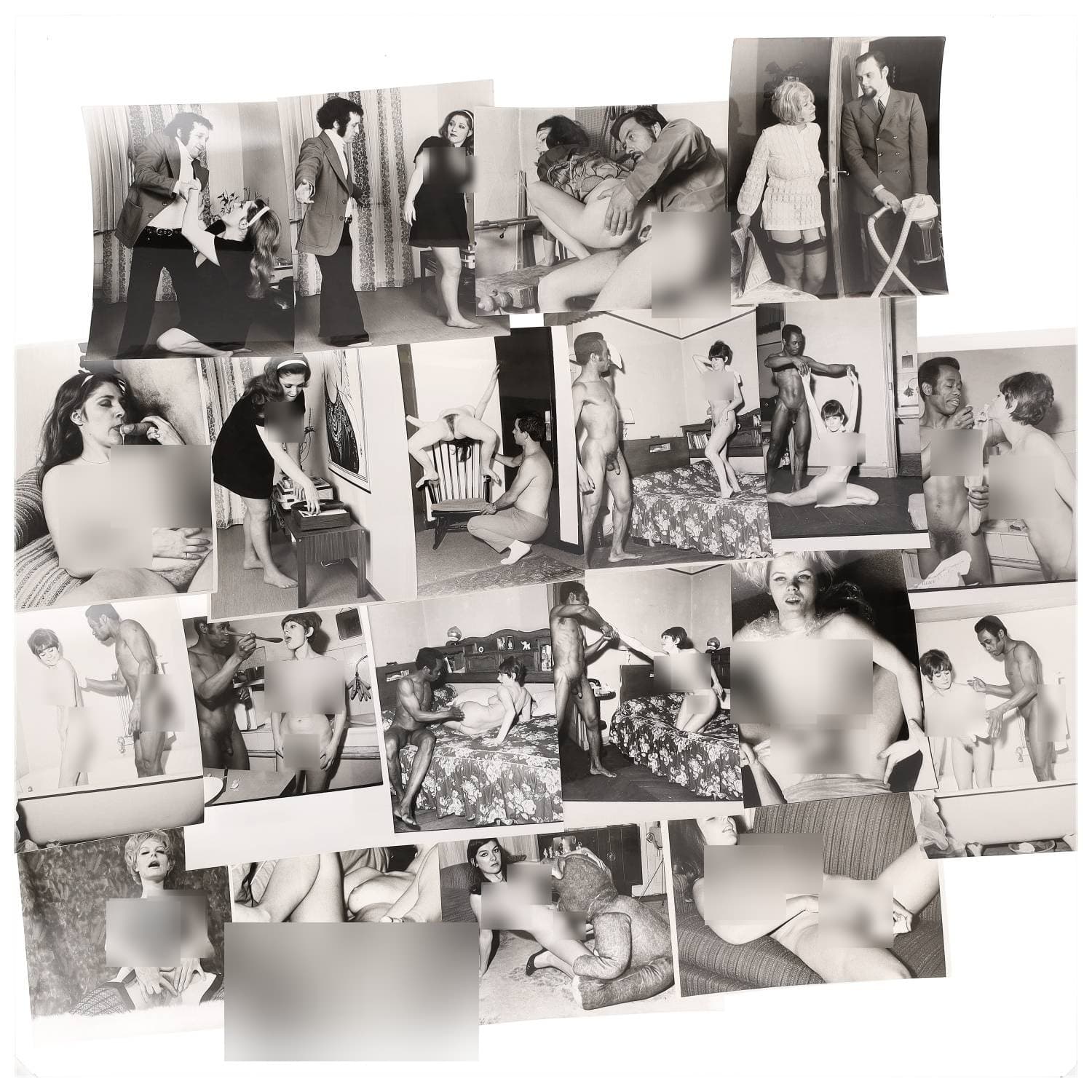 Erotica, étude de nu, photographies érotiques et pornographiques, hommes et femmes nus, actes sexuels hétérosexuels, objets sexuels, préliminaires, macrophotographies et divers. Circa 1950-70’s. Ensemble d’une vingtaine de tirages argentiques. Sur certains versos, annotations. Divers états (dont gondolements ou encore traces). Formats entiers moyens environ 24 x 18 cm.