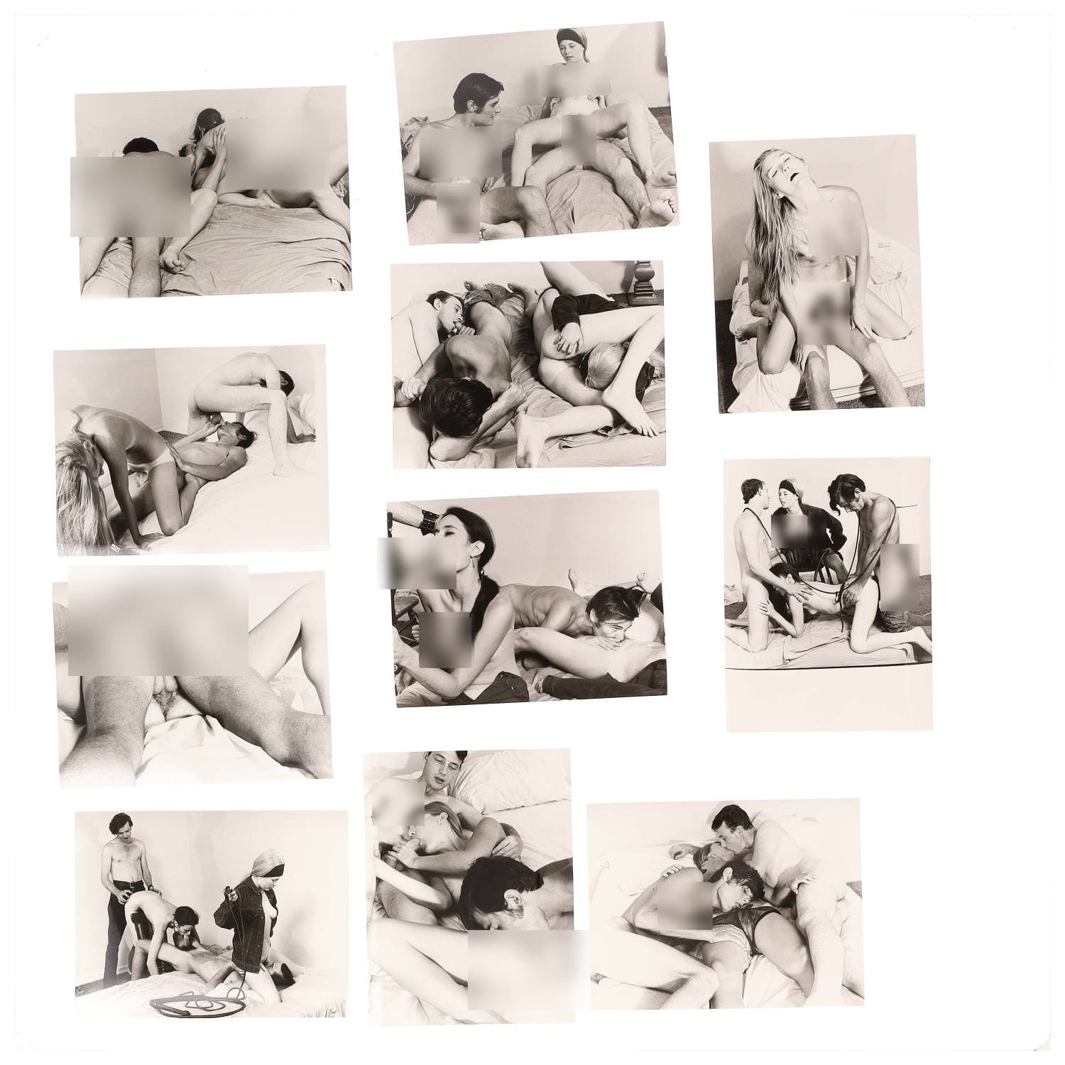 Erotica, étude de nu, photographies érotiques et pornographiques, hommes et femmes nus, actes sexuels hétérosexuels multiples, orgies, préliminaires, macrophotographies et divers. Circa 1950-70’s. Ensemble de plus d’une dizaine de tirages argentiques. Sur certains versos, annotations. Divers états (dont gondolements ou encore traces). Formats entiers moyens environ 24 x 18 cm.
