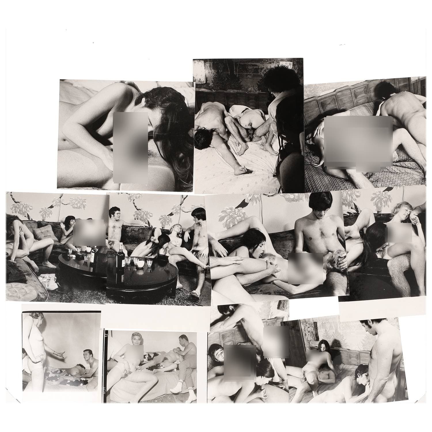 Erotica, étude de nu, photographies érotiques et pornographiques, hommes et femmes nus, actes sexuels hétérosexuels multiples, orgies, préliminaires, macrophotographies et divers. Circa 1950-70’s. Ensemble de plus d’une dizaine de tirages argentiques. Sur certains versos, annotations. Divers états (dont gondolements ou encore traces). Formats entiers moyens environ de 24 x 18 cm à 30 x 24 cm.