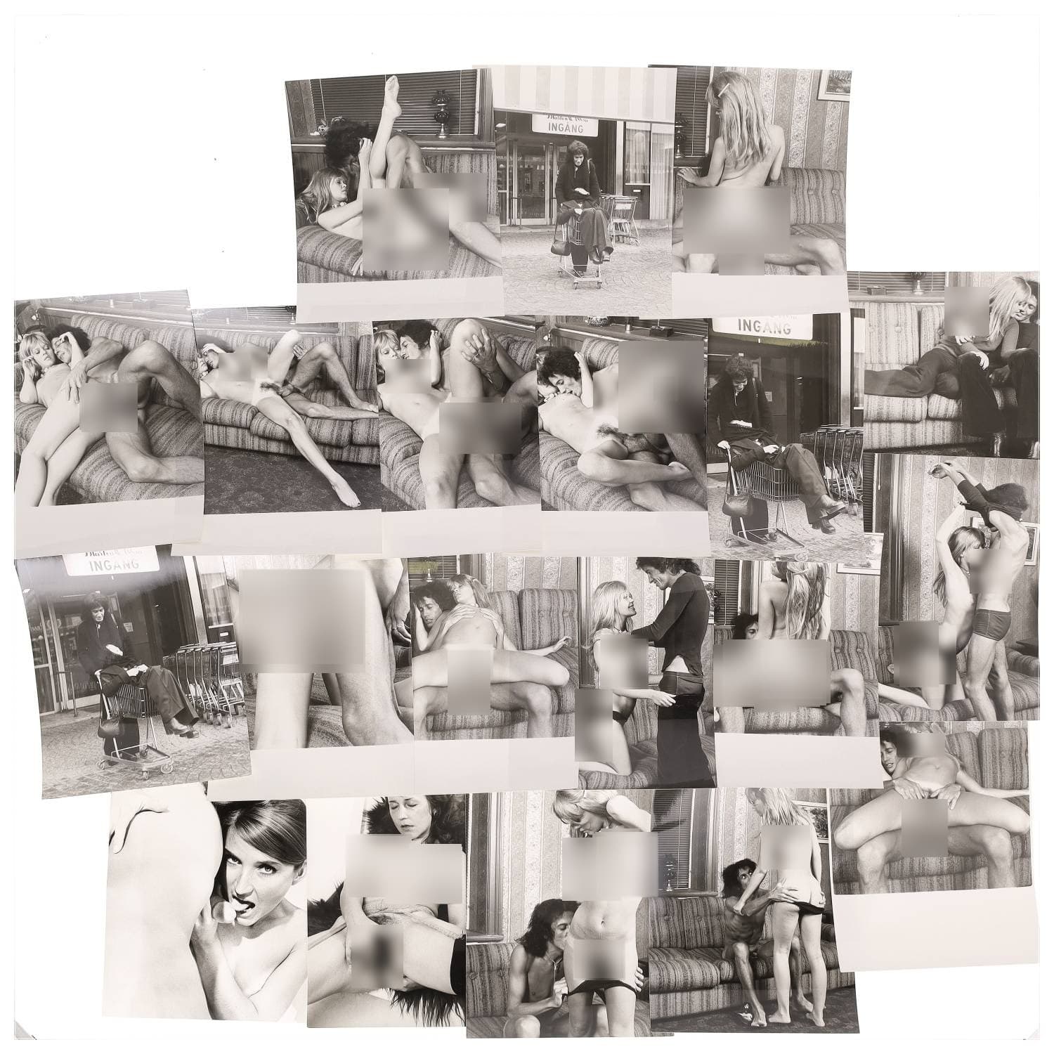 Erotica, étude de nu, photographies érotiques et pornographiques, hommes et femmes nus, actes sexuels hétérosexuels, objets sexuels, préliminaires, macrophotographies et divers. Circa 1950-70’s. Ensemble d’une vingtaine de tirages argentiques. Sur certains versos, annotations. Divers états (dont gondolements ou encore traces). Formats entiers moyens environ 24 x 18 cm.