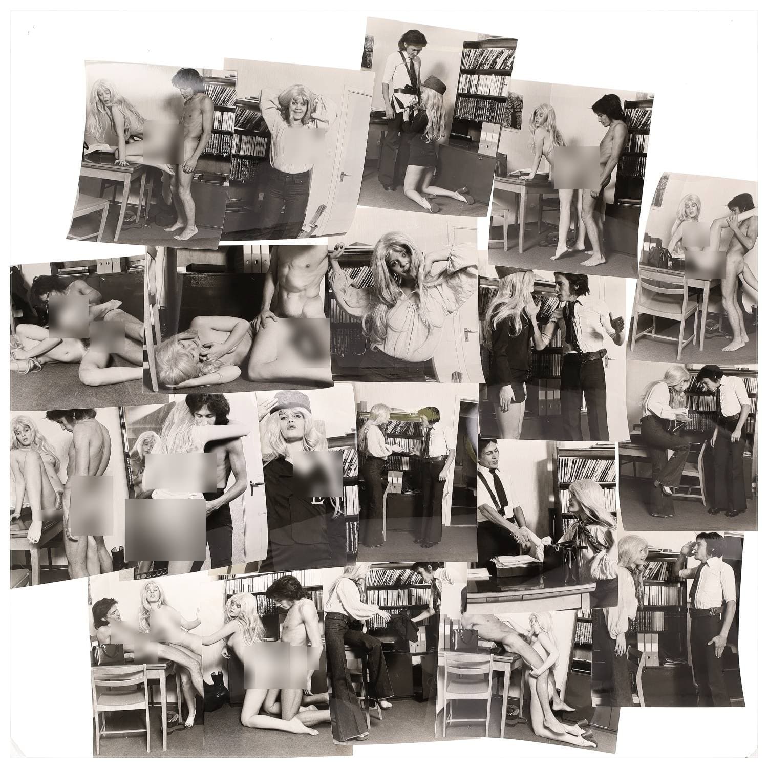 Erotica, étude de nu, photographies érotiques et pornographiques, hommes et femmes nus, actes sexuels hétérosexuels, préliminaires, macrophotographies et divers. Circa 1950-70’s. Ensemble d’une vingtaine de tirages argentiques. Sur certains versos, annotations. Divers états (dont gondolements ou encore traces). Formats entiers moyens environ 24 x 18 cm.