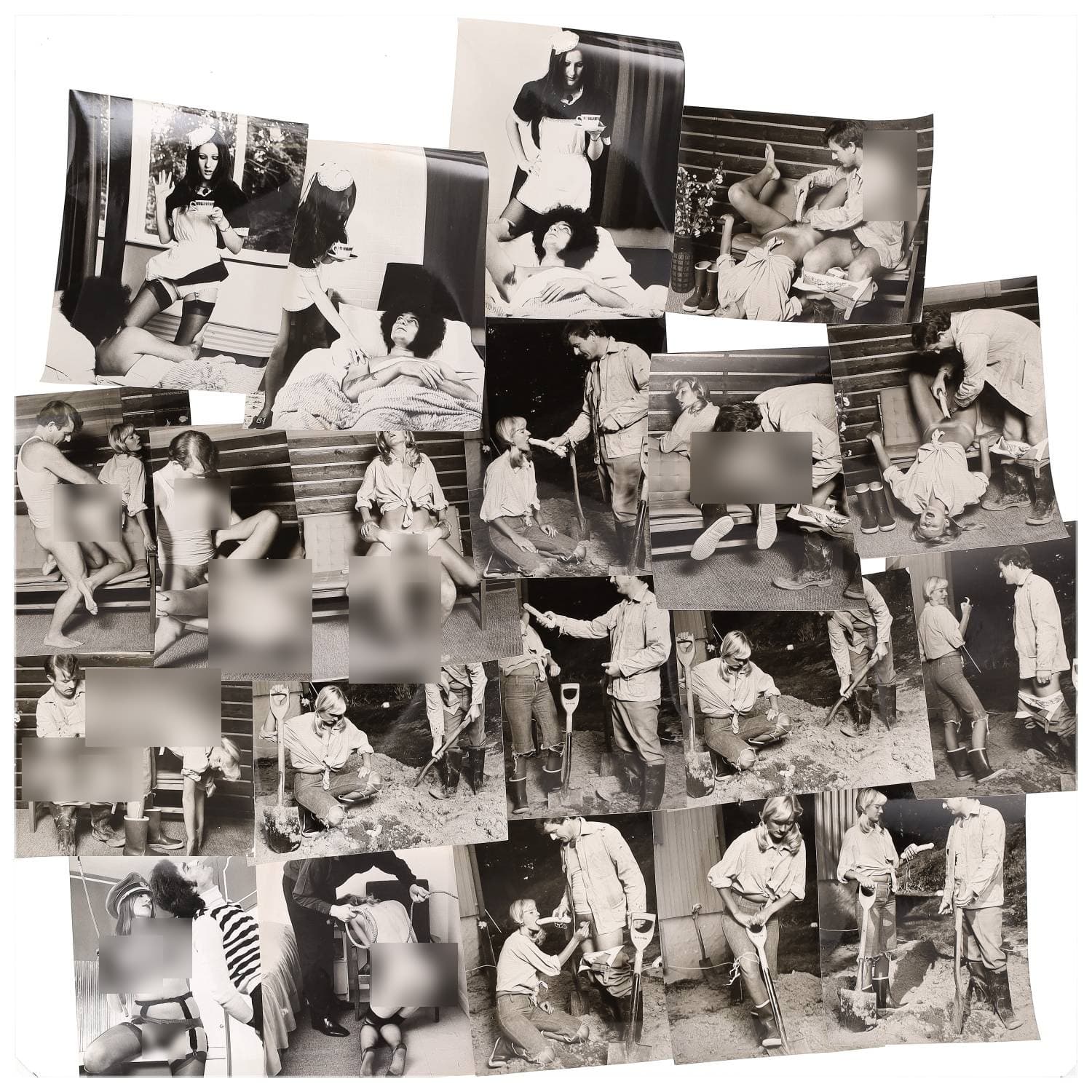Erotica, étude de nu, photographies érotiques et pornographiques, hommes et femmes nus, actes sexuels hétérosexuels, préliminaires, macrophotographies, sadomasochisme et divers. Circa 1950-70’s. Ensemble d’une vingtaine de tirages argentiques. Sur certains versos, annotations. Divers états (dont gondolements ou encore traces). Formats entiers moyens environ 24 x 18 cm.