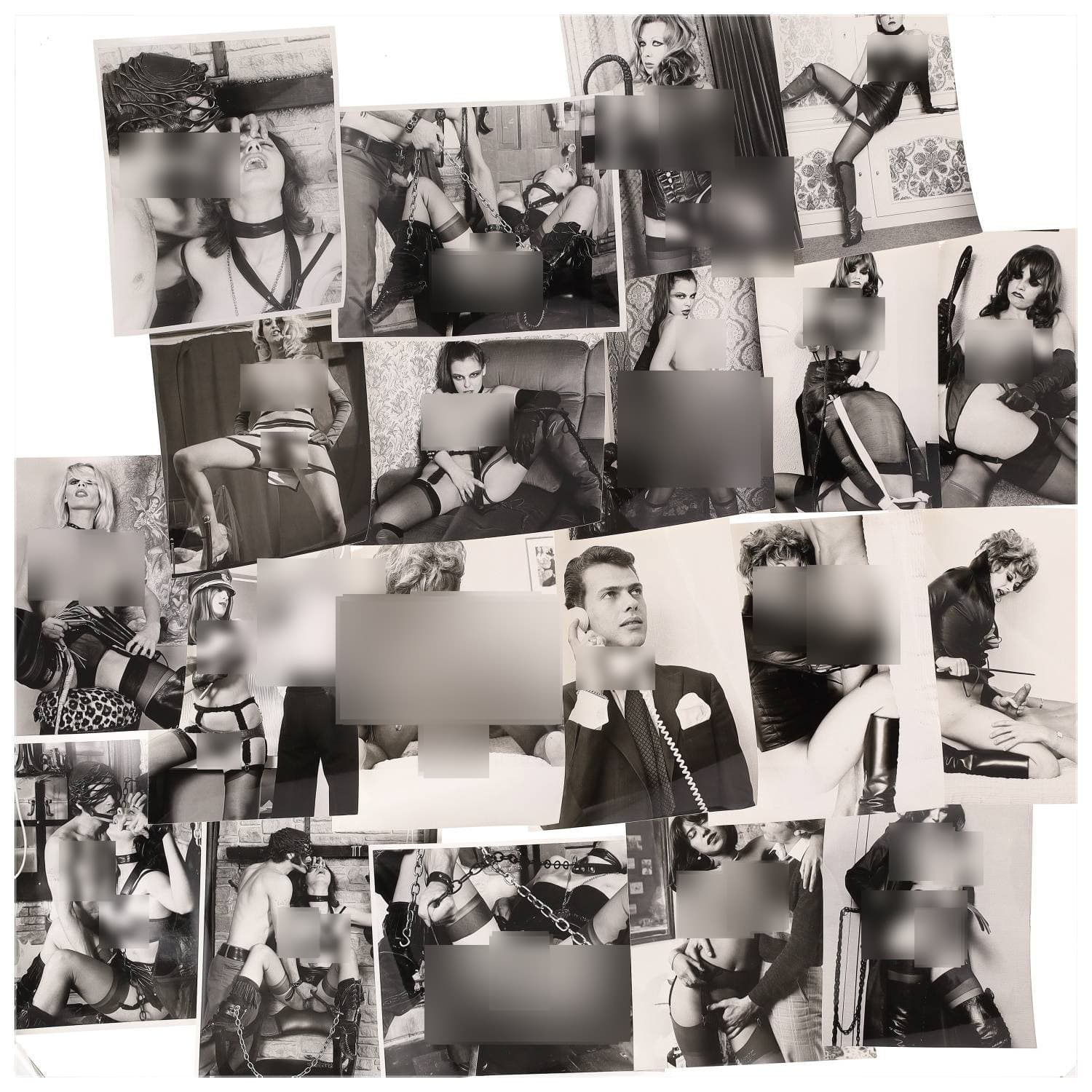 Erotica, étude de nu, photographies érotiques et pornographiques, hommes et femmes nus, actes sexuels hétérosexuels, préliminaires, macrophotographies, sadomasochisme et divers. Circa 1950-70’s. Ensemble d’une vingtaine de tirages argentiques. Sur certains versos, annotations. Divers états (dont gondolements ou encore traces). Formats entiers moyens environ de 24 x 18 cm à 25,5 x 20,5 cm.
