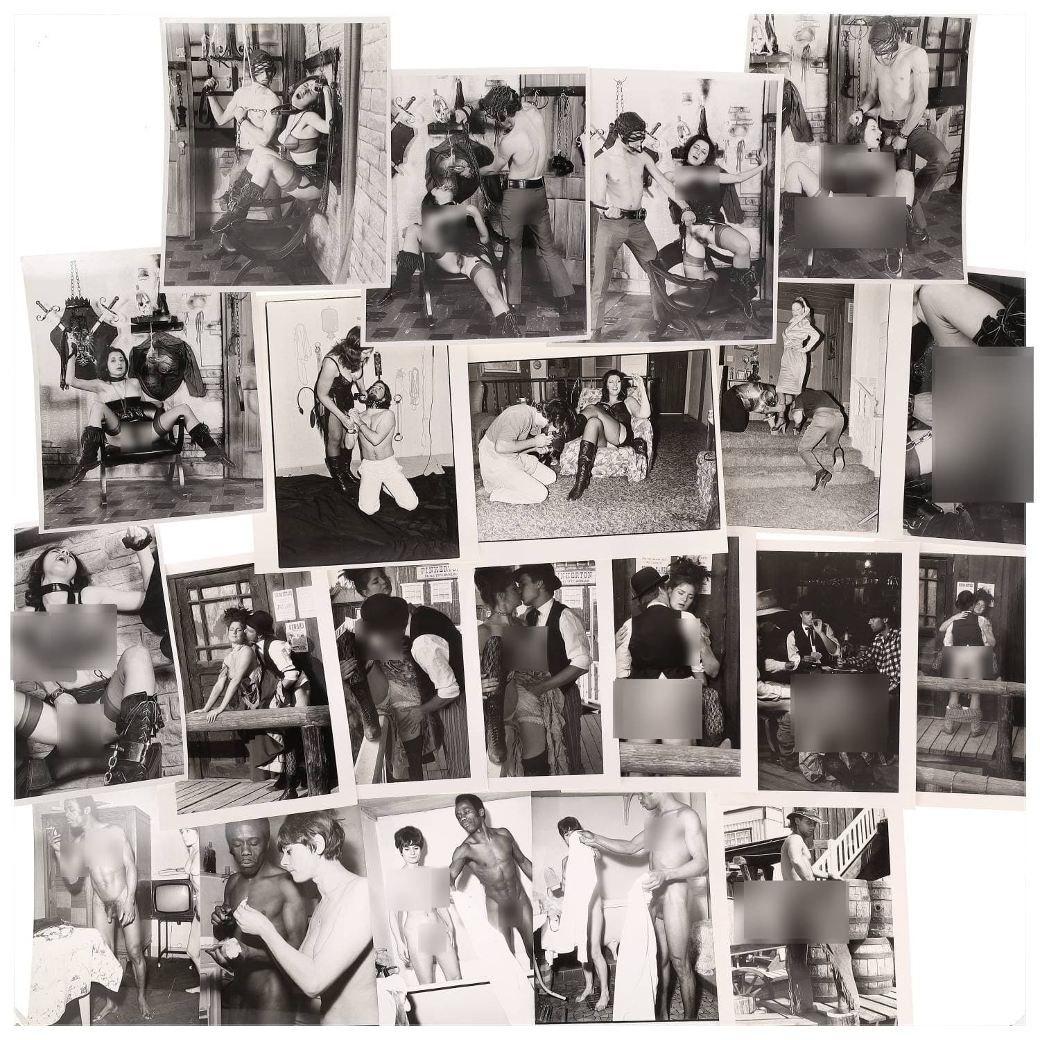 Erotica, étude de nu, photographies érotiques et pornographiques, hommes et femmes nus, actes sexuels hétérosexuels, préliminaires, macrophotographies, sadomasochisme et divers. Circa 1950-70’s. Ensemble d’une vingtaine de tirages argentiques. Sur certains versos, annotations. Divers états (dont gondolements ou encore traces). Formats entiers moyens environ de 24 x 18 cm à 25,5 x 20,5 cm.
