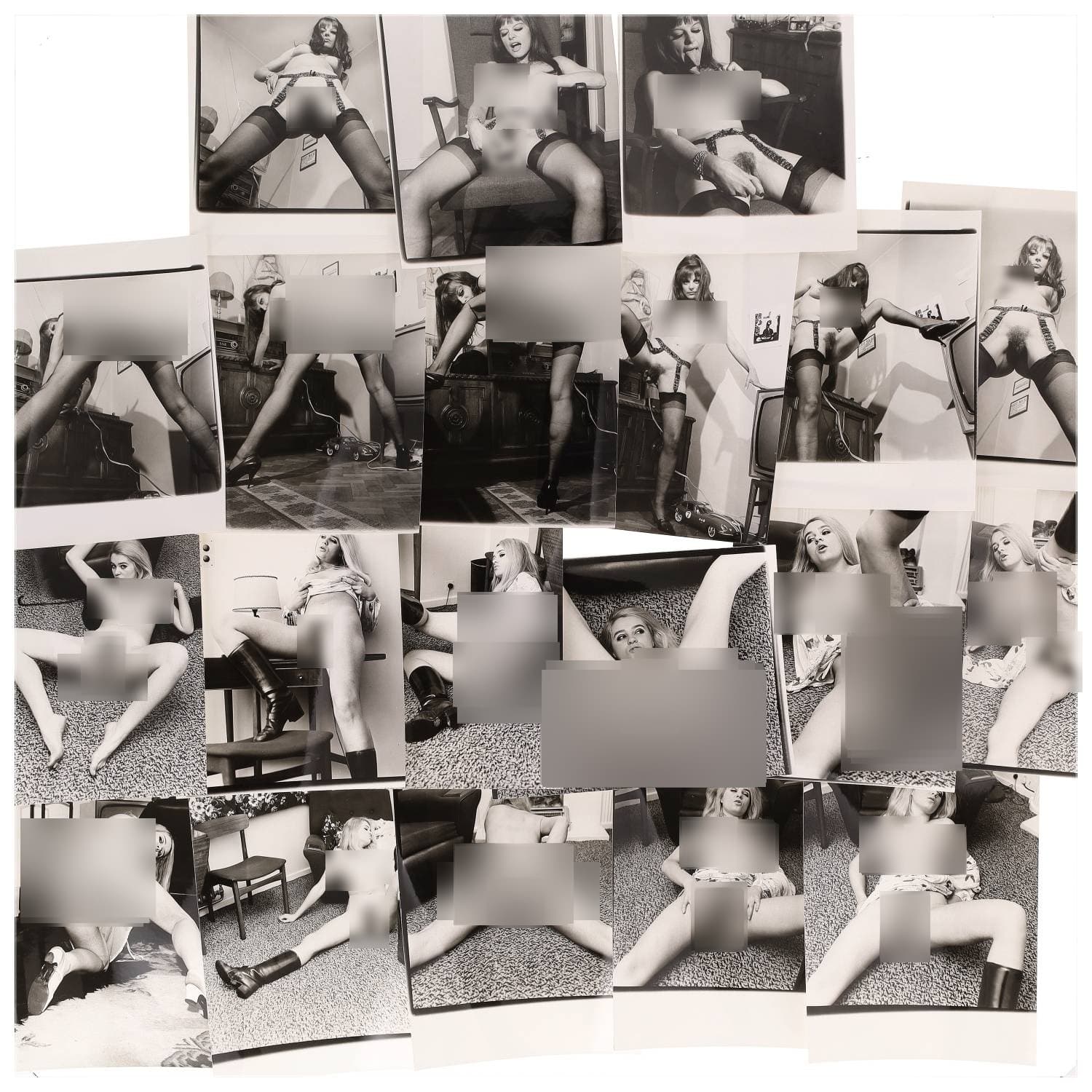 Erotica, étude de nu, photographies érotiques, pornographiques, objets sexuels et divers. Circa 1950-70’s. Ensemble d’une vingtaine de tirages argentiques. Exemples de sujets : femmes nues, dénudées, sexe féminin, fessier, poitrine, macrophotographies, etc. Sur certains versos, annotations. Divers états (dont gondolements ou encore traces) et formats entiers moyens environ 26 x 20 cm.