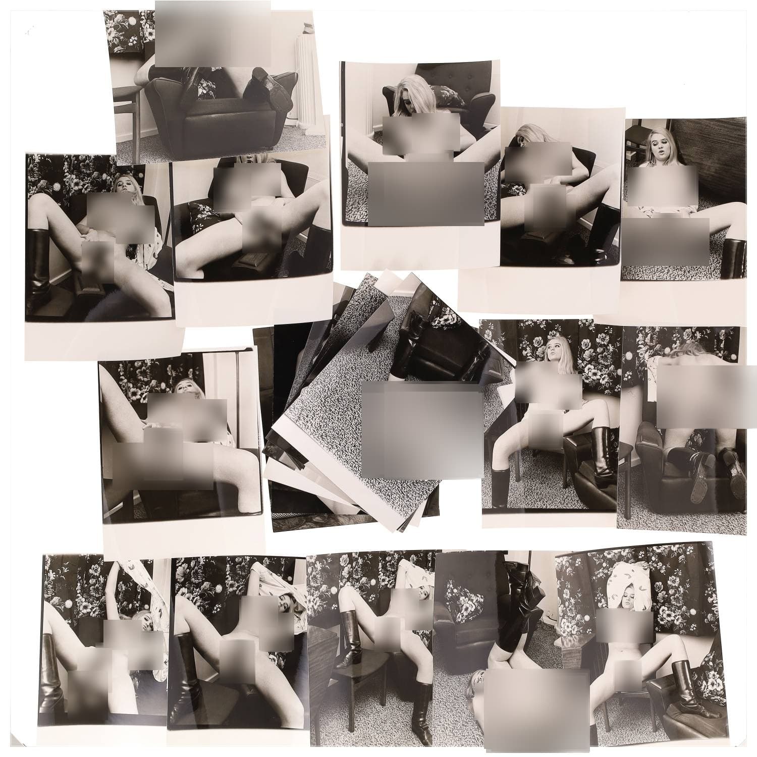 Erotica, étude de nu, photographies érotiques, pornographiques et divers. Circa 1950-70’s. Ensemble d’une vingtaine de tirages argentiques. Exemples de sujets : femmes nues, dénudées, sexe féminin, fessier, poitrine, macrophotographies, etc. Sur certains versos, annotations. Divers états (dont gondolements ou encore traces) et formats entiers moyens environ 26 x 20 cm.