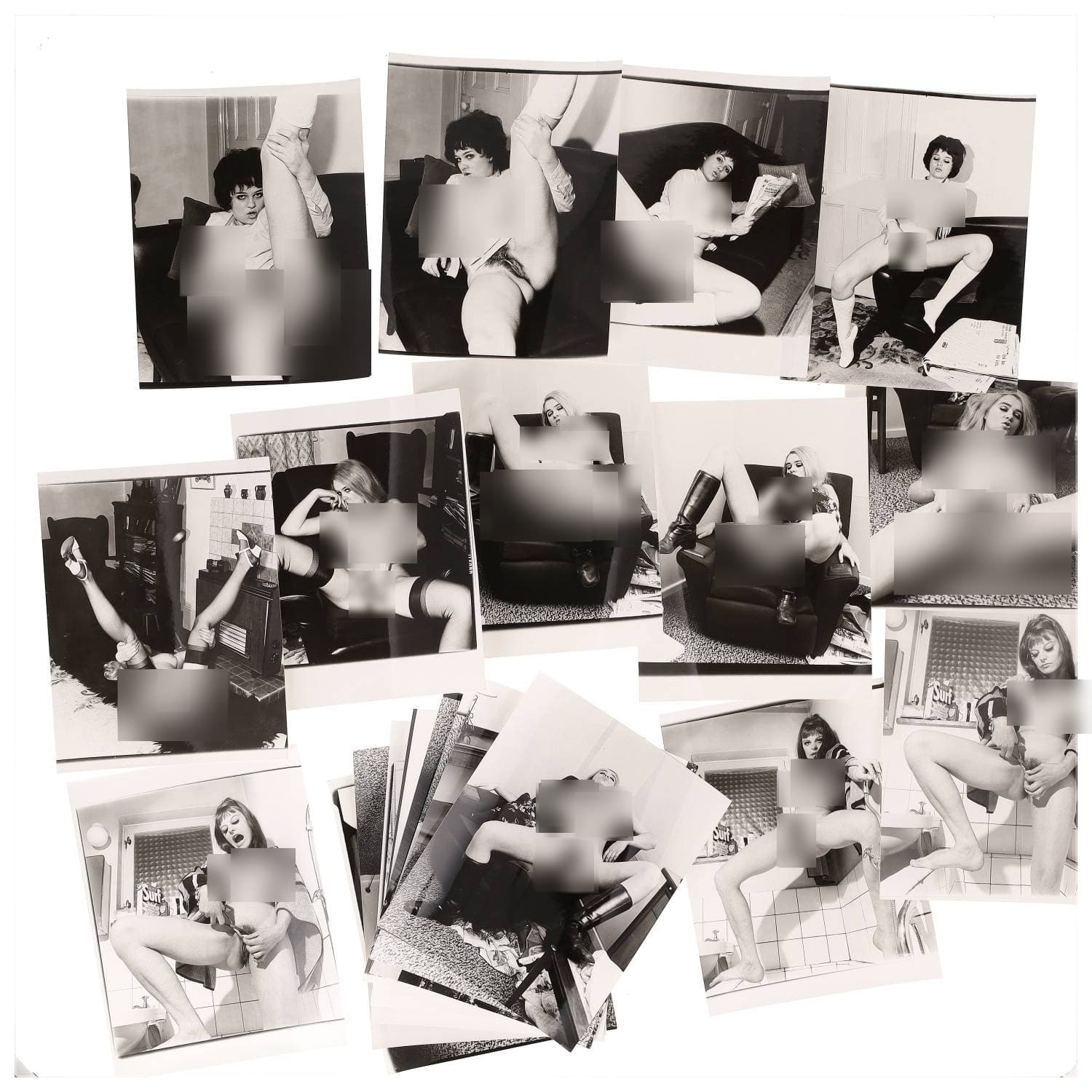 Erotica, étude de nu, photographies érotiques, pornographiques et divers. Circa 1950-70’s. Ensemble d’une vingtaine de tirages argentiques. Exemples de sujets : femmes nues, dénudées, sexe féminin, fessier, poitrine, macrophotographies, etc. Sur certains versos, annotations. Divers états (dont gondolements ou encore traces) et formats entiers moyens environ 26 x 20 cm.