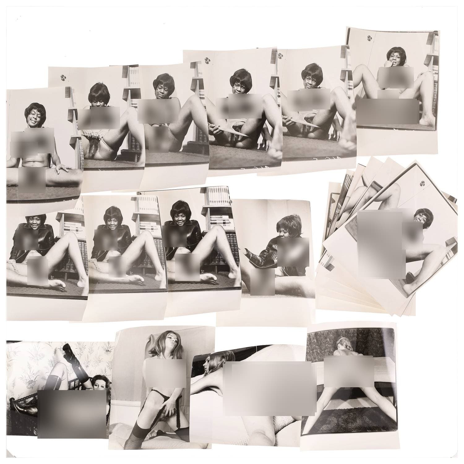 Erotica, étude de nu, photographies érotiques, pornographiques et divers. Circa 1950-70’s. Ensemble d’une vingtaine de tirages argentiques. Exemples de sujets : femmes nues, dénudées, sexe féminin, fessier, poitrine, macrophotographies, etc. Sur certains versos, annotations. Divers états (dont gondolements ou encore traces) et formats entiers moyens environ 26 x 20 cm.