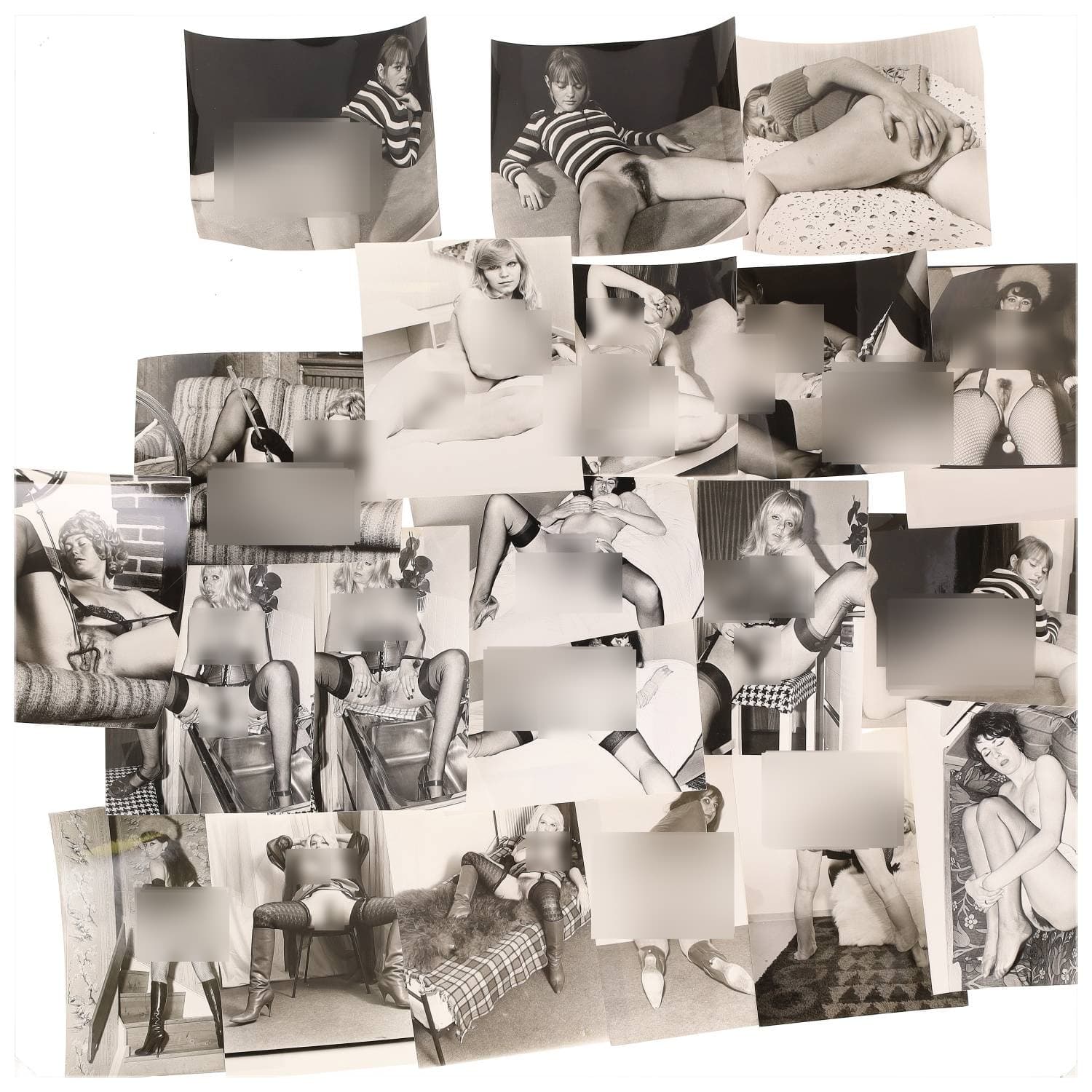 Erotica, étude de nu, photographies érotiques, pornographiques et divers. Circa 1950-70’s. Ensemble d’une vingtaine de tirages argentiques. Exemples de sujets : femmes nues, dénudées, sexe féminin, fessier, poitrine, macrophotographies, etc. Sur certains versos, annotations. Divers états (dont gondolements ou encore traces) et formats entiers moyens environ 24 x 18 cm.