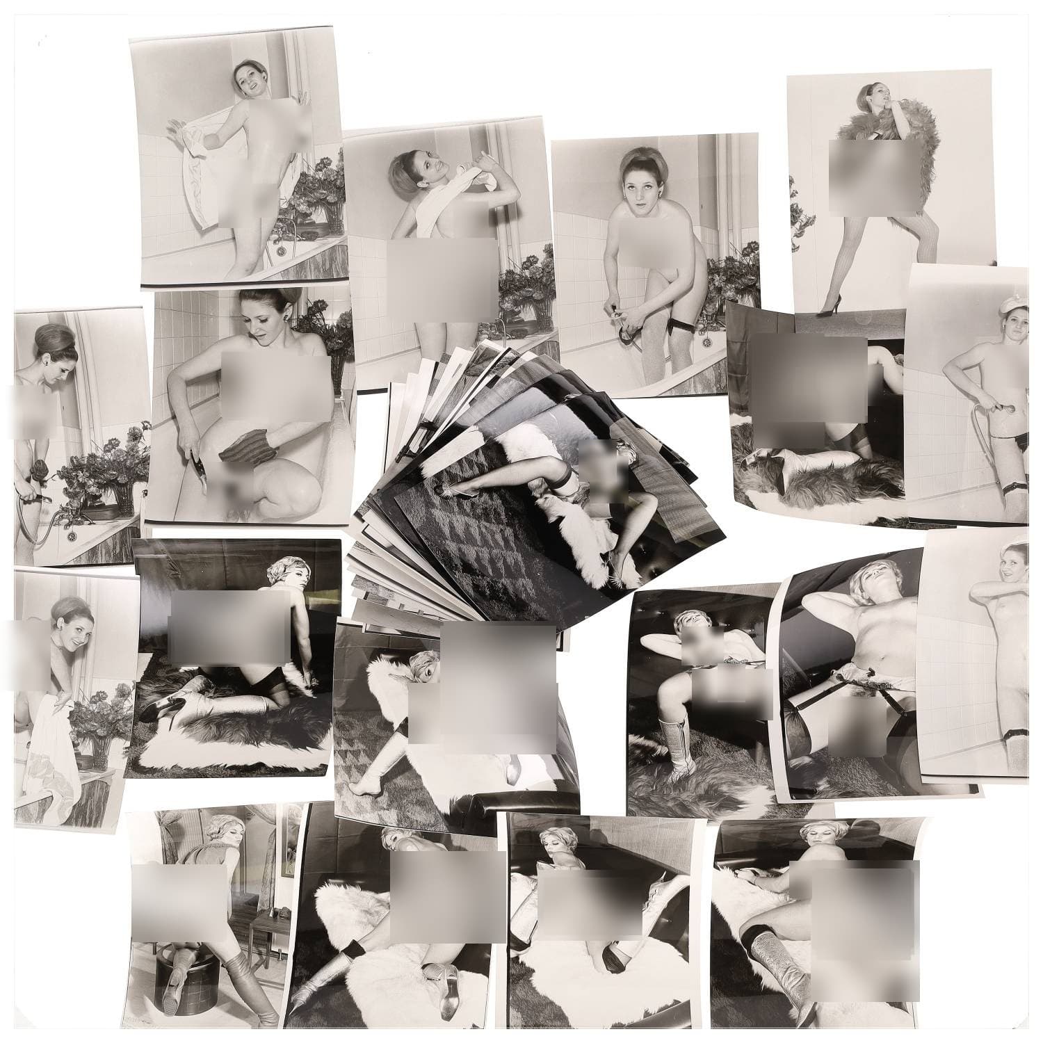 Erotica, étude de nu, photographies érotiques, pornographiques et divers. Circa 1950-70’s. Ensemble d’une trentaine de tirages argentiques. Exemples de sujets : femmes nues, dénudées, sexe féminin, fessier, poitrine, macrophotographies, etc. Sur certains versos, annotations. Divers états (dont gondolements ou encore traces) et formats entiers moyens environ 24 x 18 cm.