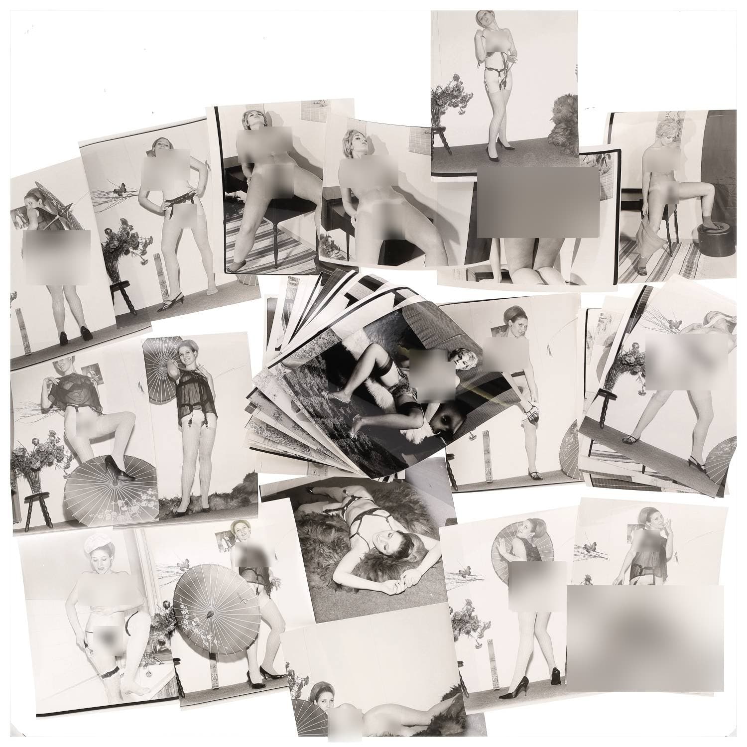 Erotica, étude de nu, photographies érotiques, pornographiques et divers. Circa 1950-70’s. Ensemble d’une trentaine de tirages argentiques. Exemples de sujets : femmes nues, dénudées, sexe féminin, fessier, poitrine, macrophotographies, etc. Sur certains versos, annotations. Divers états (dont gondolements ou encore traces) et formats entiers moyens environ 24 x 18 cm.