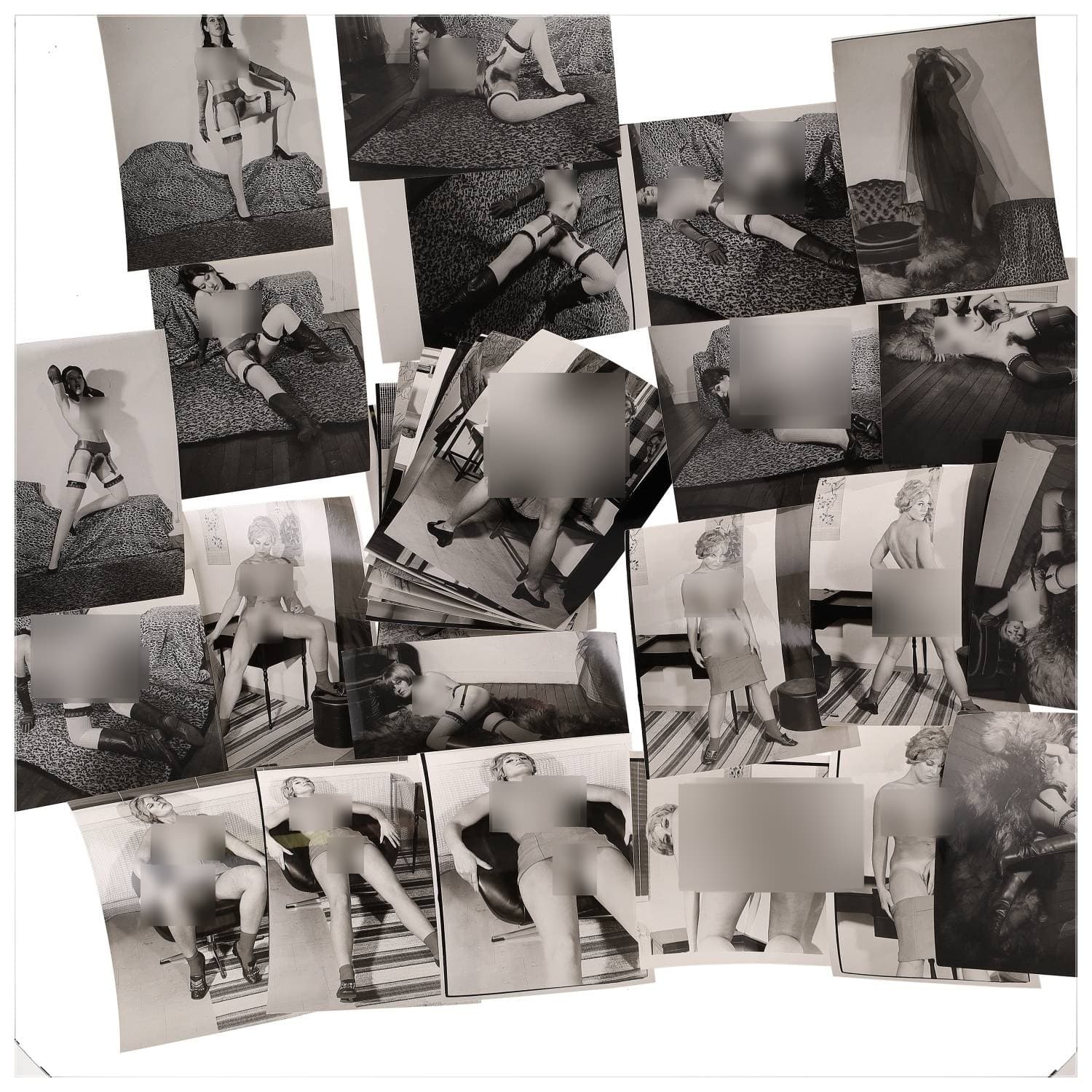 Erotica, étude de nu, photographies érotiques, pornographiques et divers. Circa 1950-70’s. Ensemble d’une trentaine de tirages argentiques. Exemples de sujets : femmes nues, dénudées, sexe féminin, fessier, poitrine, macrophotographies, etc. Sur certains versos, annotations. Divers états (dont gondolements ou encore traces) et formats entiers moyens environ 24 x 18 cm.