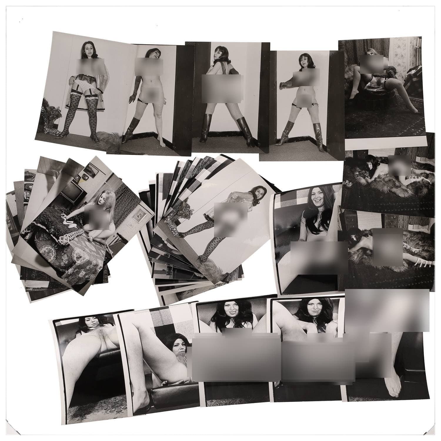 Erotica, étude de nu, photographies érotiques, pornographiques et divers. Circa 1950-70’s. Ensemble d’une trentaine de tirages argentiques. Exemples de sujets : femmes nues, dénudées, sexe féminin, fessier, poitrine, macrophotographies, etc. Sur certains versos, annotations. Divers états (dont gondolements ou encore traces) et formats entiers moyens environ 24 x 18 cm.