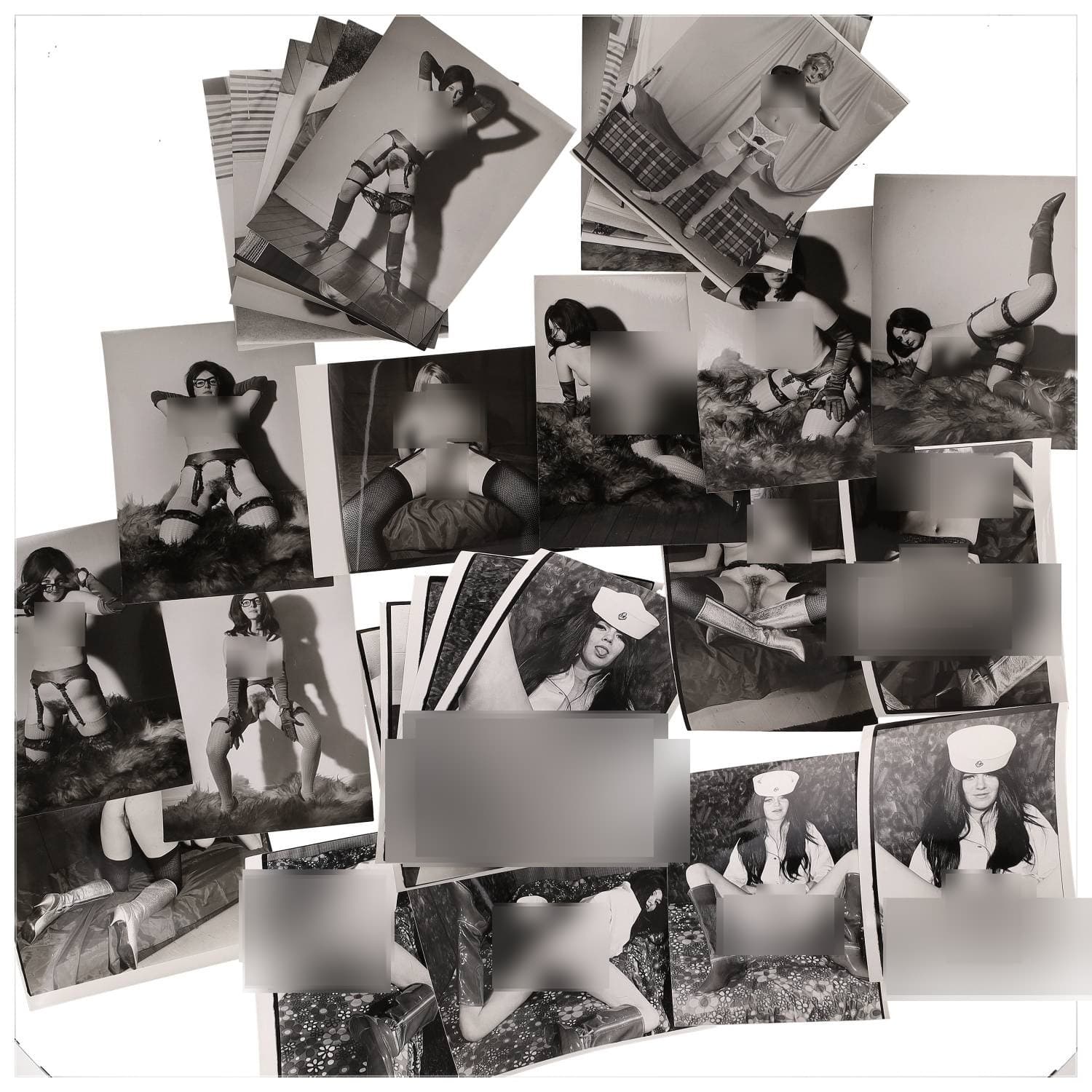 Erotica, étude de nu, photographies érotiques, pornographiques et divers. Circa 1950-70’s. Ensemble d’une trentaine de tirages argentiques. Exemples de sujets : femmes nues, dénudées, sexe féminin, fessier, poitrine, macrophotographies, etc. Sur certains versos, annotations. Divers états (dont gondolements ou encore traces) et formats entiers moyens environ 24 x 18 cm.
