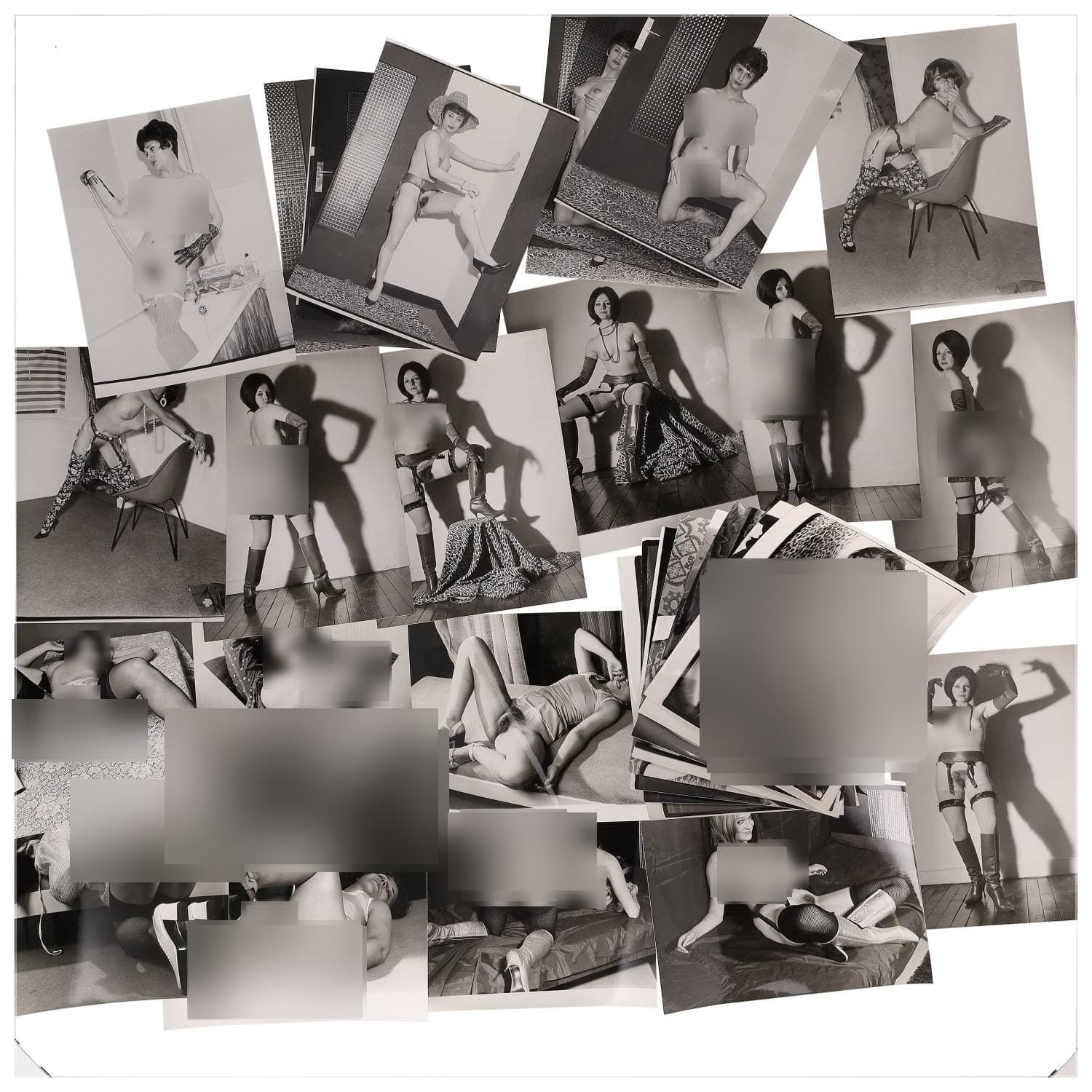 Erotica, étude de nu, photographies érotiques, pornographiques et divers. Circa 1950-70’s. Ensemble d’une trentaine de tirages argentiques. Exemples de sujets : femmes nues, dénudées, sexe féminin, fessier, poitrine, macrophotographies, etc. Sur certains versos, annotations. Divers états (dont gondolements ou encore traces) et formats entiers moyens environ 24 x 18 cm.