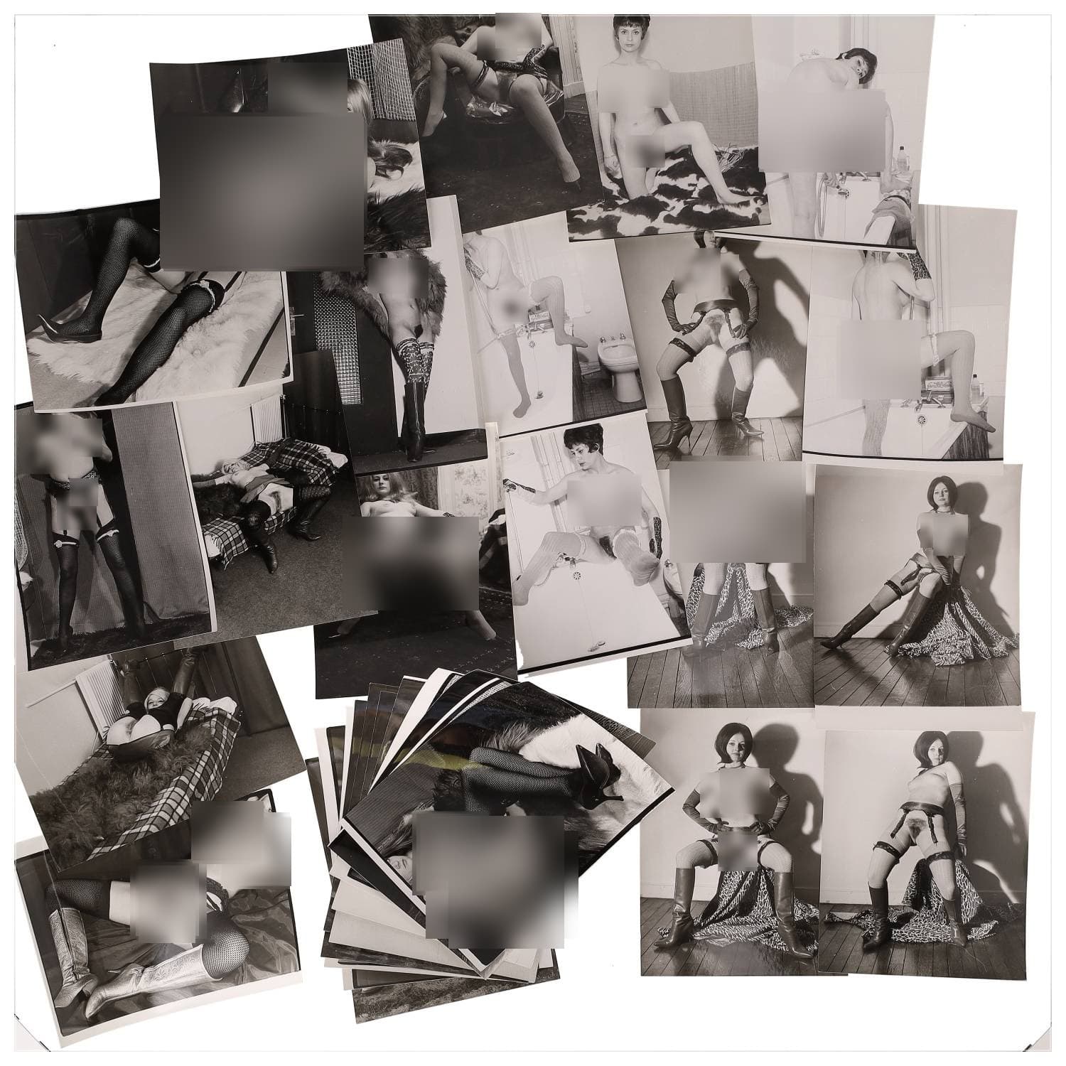 Erotica, étude de nu, photographies érotiques, pornographiques et divers. Circa 1950-70’s. Ensemble d’une trentaine de tirages argentiques. Exemples de sujets : femmes nues, dénudées, sexe féminin, fessier, poitrine, macrophotographies, etc. Sur certains versos, annotations. Divers états (dont gondolements ou encore traces) et formats entiers moyens environ 24 x 18 cm.