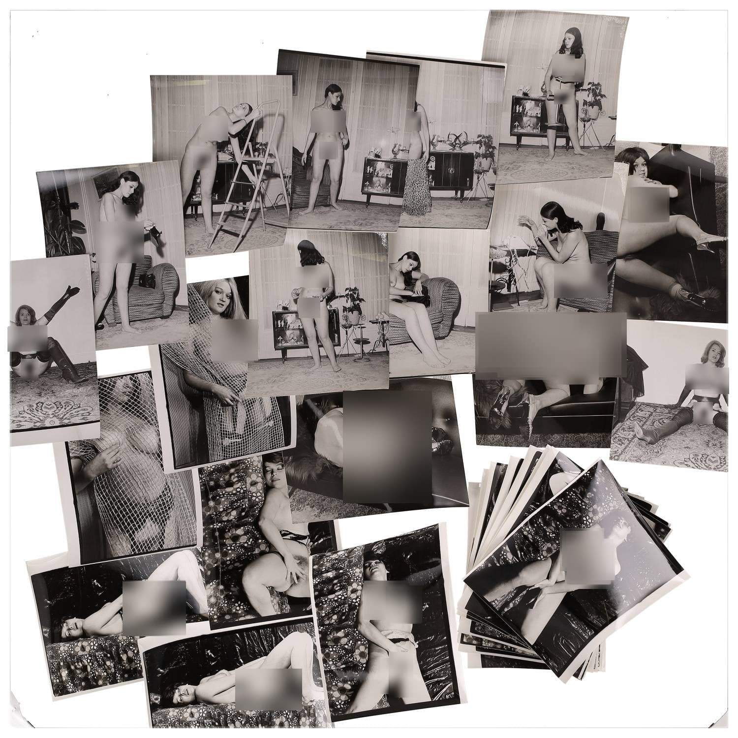 Erotica, étude de nu, photographies érotiques, pornographiques et divers. Circa 1950-70’s. Ensemble d’une trentaine de tirages argentiques. Exemples de sujets : femmes nues, dénudées, sexe féminin, fessier, poitrine, macrophotographies, etc. Sur certains versos, annotations. Divers états (dont gondolements ou encore traces) et formats entiers moyens environ 24 x 18 cm.