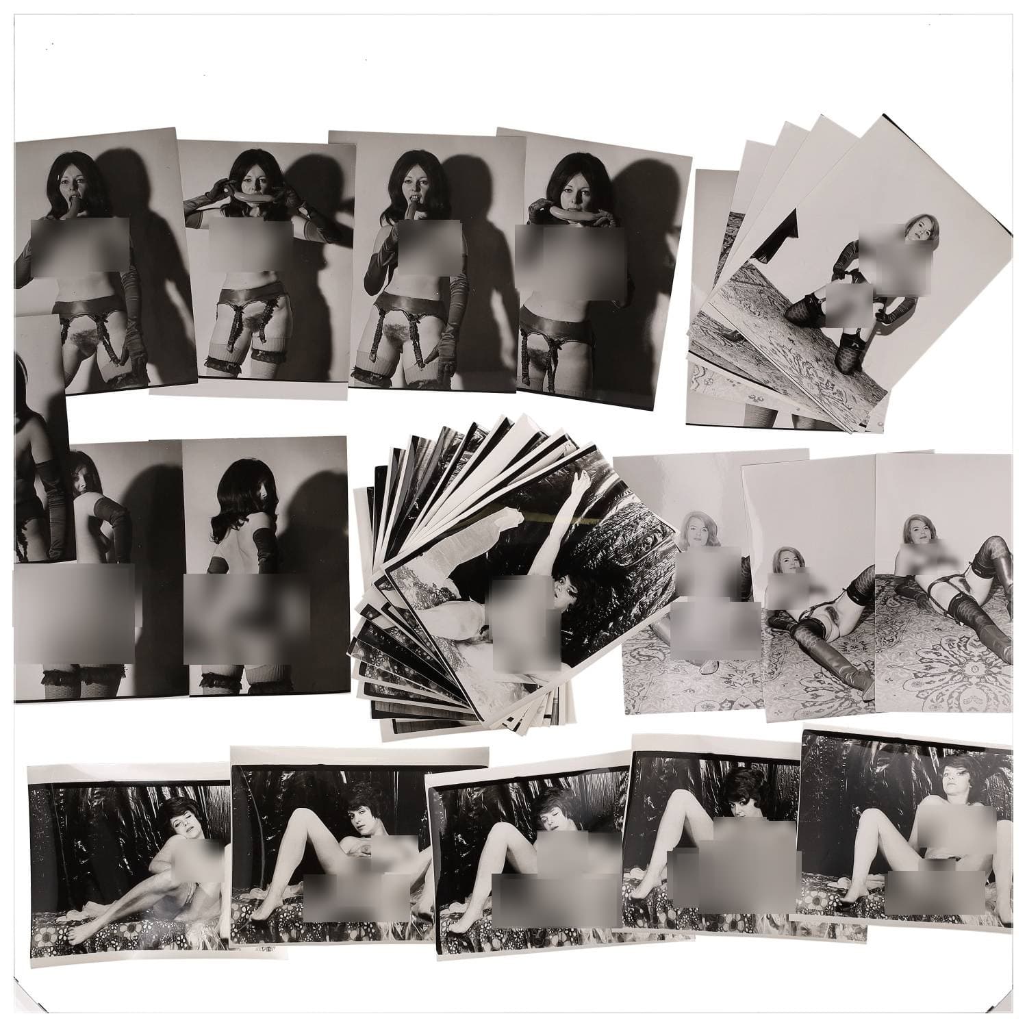 Erotica, étude de nu, photographies érotiques, pornographiques et divers. Circa 1950-70’s. Ensemble d’une trentaine de tirages argentiques. Exemples de sujets : femmes nues, dénudées, sexe féminin, fessier, poitrine, macrophotographies, etc. Sur certains versos, annotations. Divers états (dont gondolements ou encore traces) et formats entiers moyens environ 24 x 18 cm.