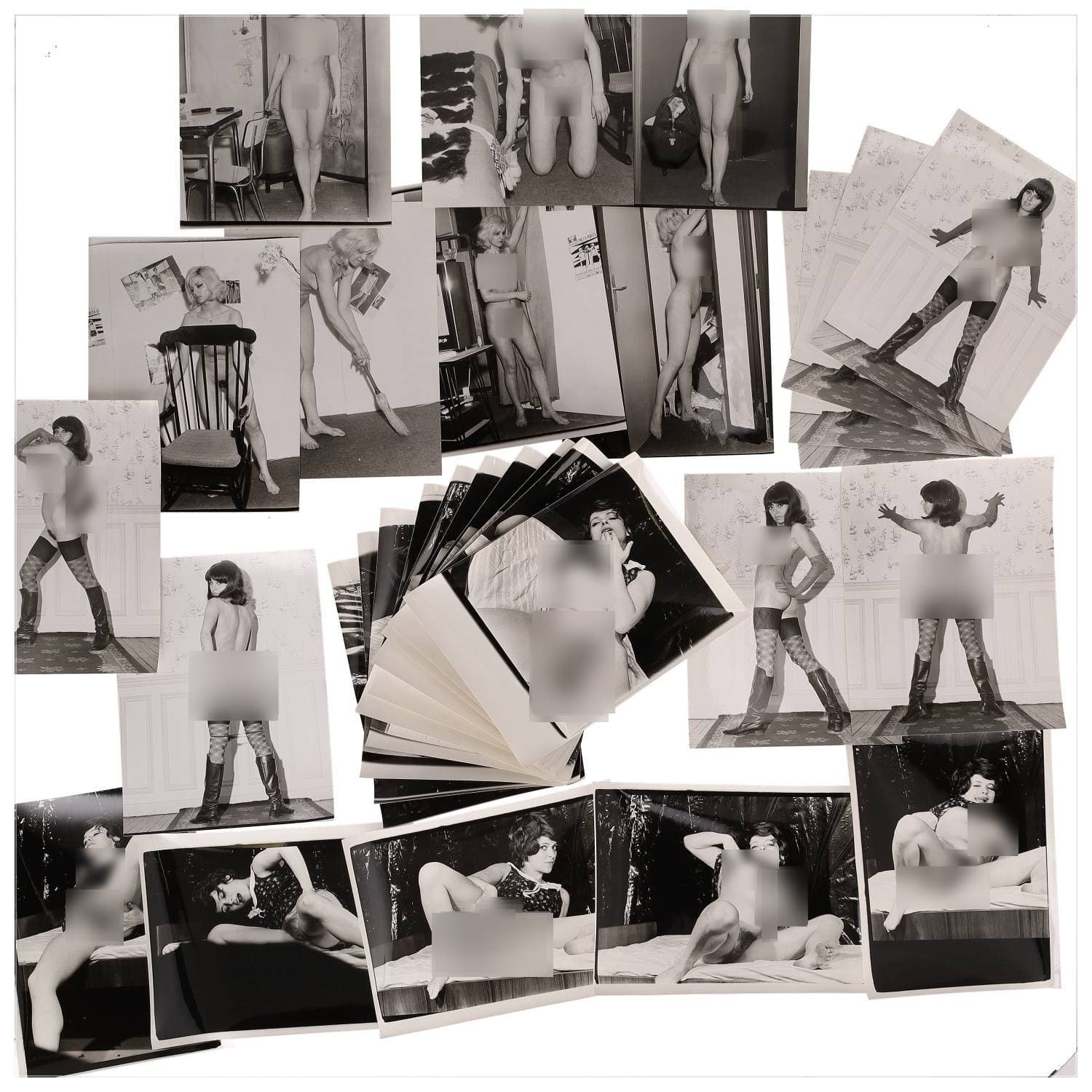Erotica, étude de nu, photographies érotiques, pornographiques et divers. Circa 1950-70’s. Ensemble d’une trentaine de tirages argentiques. Exemples de sujets : femmes nues, dénudées, sexe féminin, fessier, poitrine, macrophotographies, etc. Sur certains versos, annotations. Divers états (dont gondolements ou encore traces) et formats entiers moyens environ 24 x 18 cm.