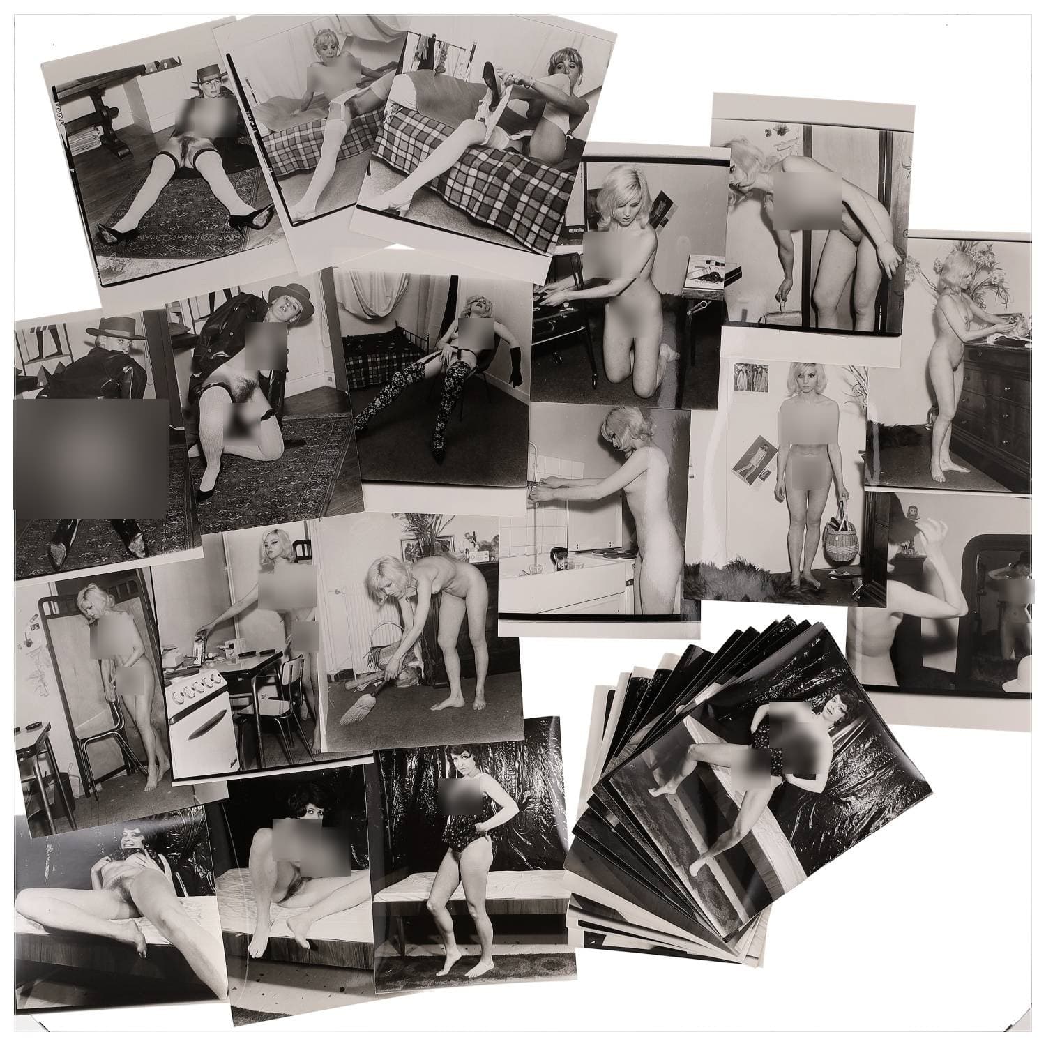 Erotica, étude de nu, photographies érotiques, pornographiques et divers. Circa 1950-70’s. Ensemble d’une trentaine de tirages argentiques. Exemples de sujets : femmes nues, dénudées, sexe féminin, fessier, poitrine, etc. Sur certains versos, annotations. Divers états (dont gondolements ou encore traces) et formats entiers moyens environ 24 x 18 cm.