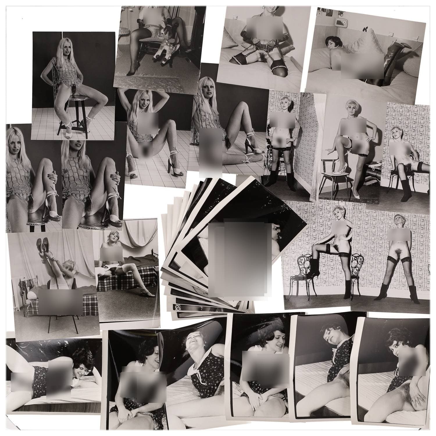 Erotica, étude de nu, photographies érotiques, pornographiques et divers. Circa 1950-70’s. Ensemble d’une trentaine de tirages argentiques. Exemples de sujets : femmes nues, dénudées, sexe féminin, fessier, poitrine, etc. Sur certains versos, annotations. Divers états (dont gondolements ou encore traces) et formats entiers moyens environ 24 x 18 cm.
