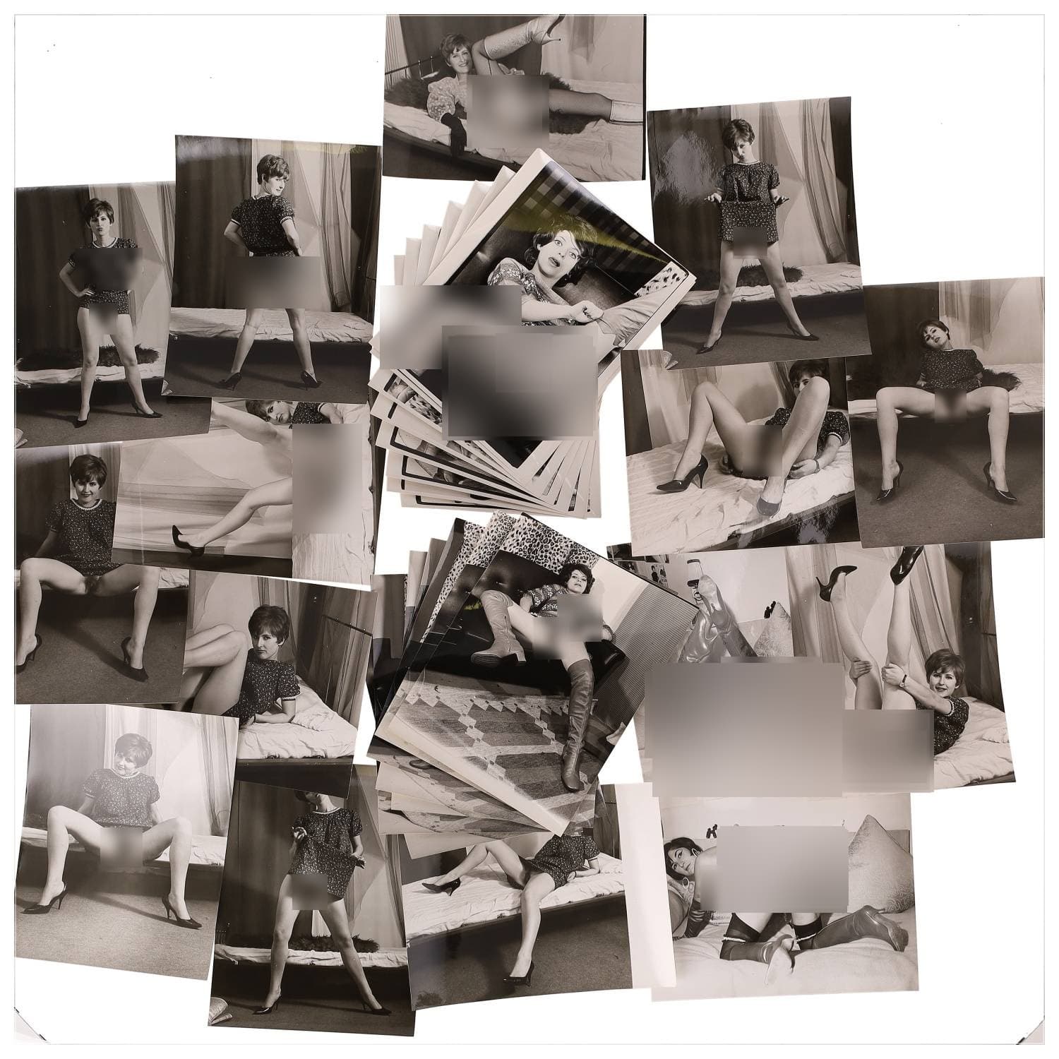 Erotica, étude de nu, photographies érotiques, pornographiques et divers. Circa 1950-70’s. Ensemble d’une trentaine de tirages argentiques. Exemples de sujets : femmes nues, dénudées, sexe féminin, fessier, poitrine, etc. Sur certains versos, annotations. Divers états (dont gondolements ou encore traces) et formats entiers moyens environ 24 x 18 cm.