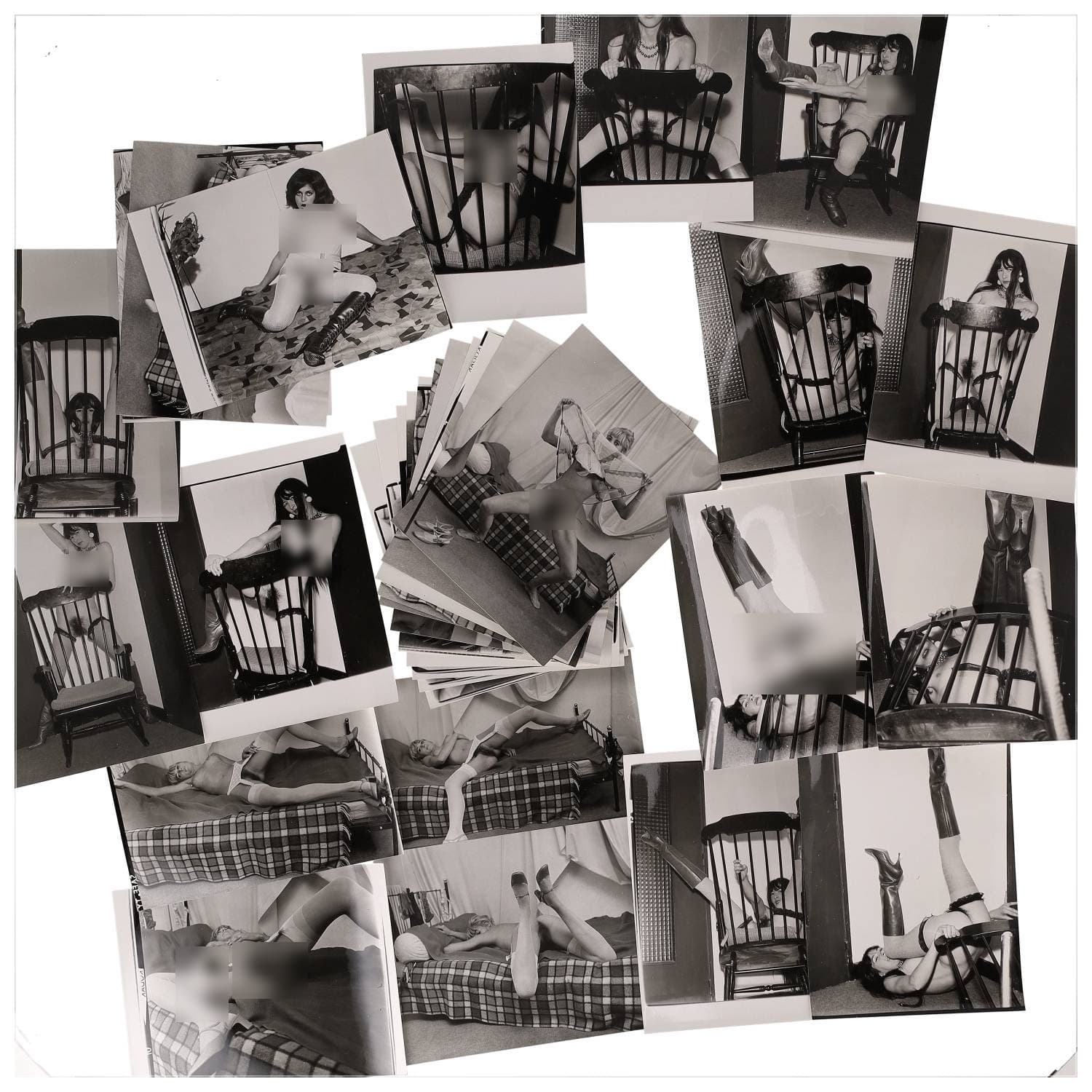Erotica, étude de nu, photographies érotiques, pornographiques et divers. Circa 1950-70’s. Ensemble d’une trentaine de tirages argentiques. Exemples de sujets : femmes nues, dénudées, sexe féminin, fessier, poitrine, etc. Sur certains versos, annotations. Divers états (dont gondolements ou encore traces) et formats entiers moyens environ 24 x 18 cm.