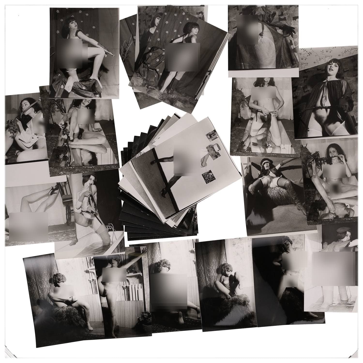 Erotica, étude de nu, photographies érotiques, pornographiques et divers. Circa 1950-70’s. Ensemble d’une trentaine de tirages argentiques. Exemples de sujets : femmes nues, dénudées, sexe féminin, fessier, poitrine, etc. Sur certains versos, annotations. Divers états (dont gondolements ou encore traces) et formats entiers moyens environ 24 x 18 cm.