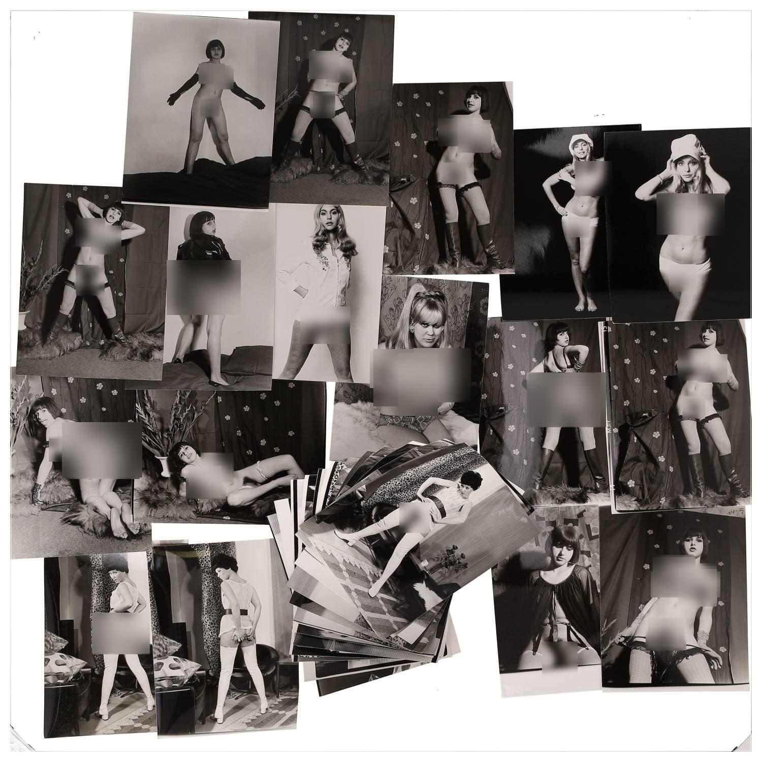 Erotica, étude de nu, photographies érotiques, pornographiques et divers. Circa 1950-70’s. Ensemble d’une trentaine de tirages argentiques. Exemples de sujets : femmes nues, dénudées, sexe féminin, fessier, poitrine, etc. Sur certains versos, annotations. Divers états (dont gondolements ou encore traces) et formats entiers moyens environ 24 x 18 cm.