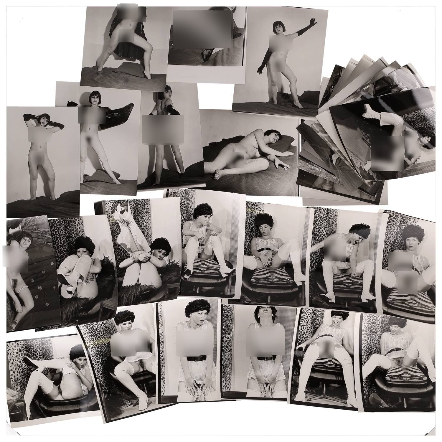 Erotica, étude de nu, photographies érotiques, pornographiques et divers. Circa 1950-70’s. Ensemble d’une trentaine de tirages argentiques. Exemples de sujets : femmes nues, dénudées, sexe féminin, fessier, poitrine, etc. Sur certains versos, annotations. Divers états (dont gondolements ou encore traces) et formats entiers moyens environ 24 x 18 cm.